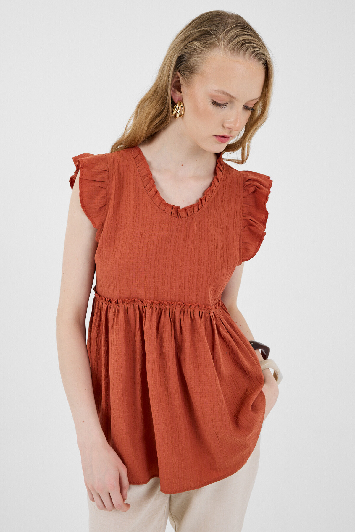 Kiremit Fırfır Kol Detaylı Bluz 8053A - 2