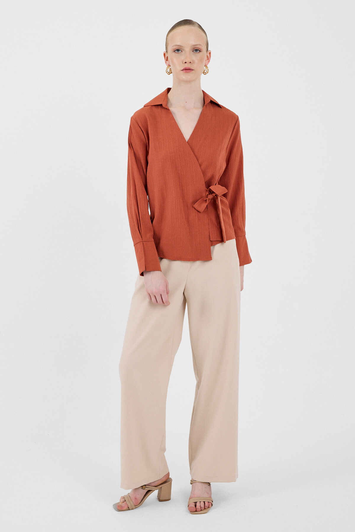 Kiremit Ön Bağlama Detaylı Uzun Kol Bluz 8019A - 3