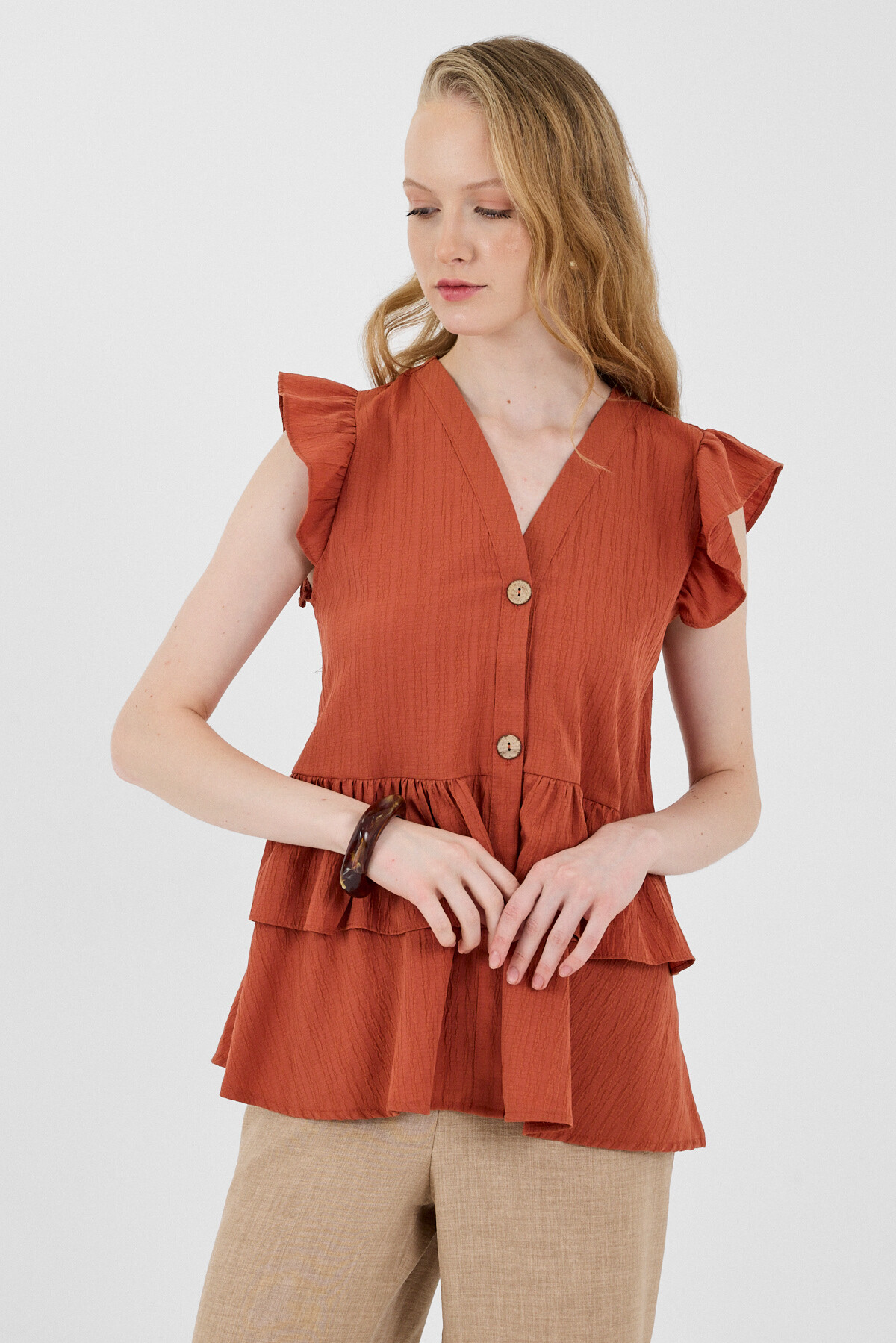 Kiremit V Yaka Düğmeli Fırfır Kol Bluz 8052A - 6