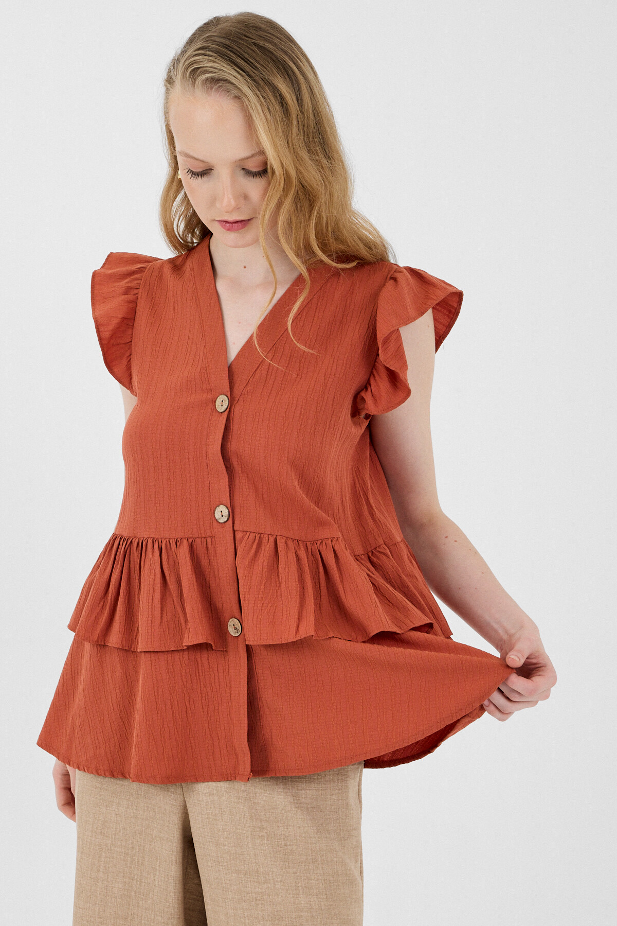 Kiremit V Yaka Düğmeli Fırfır Kol Bluz 8052A - 7