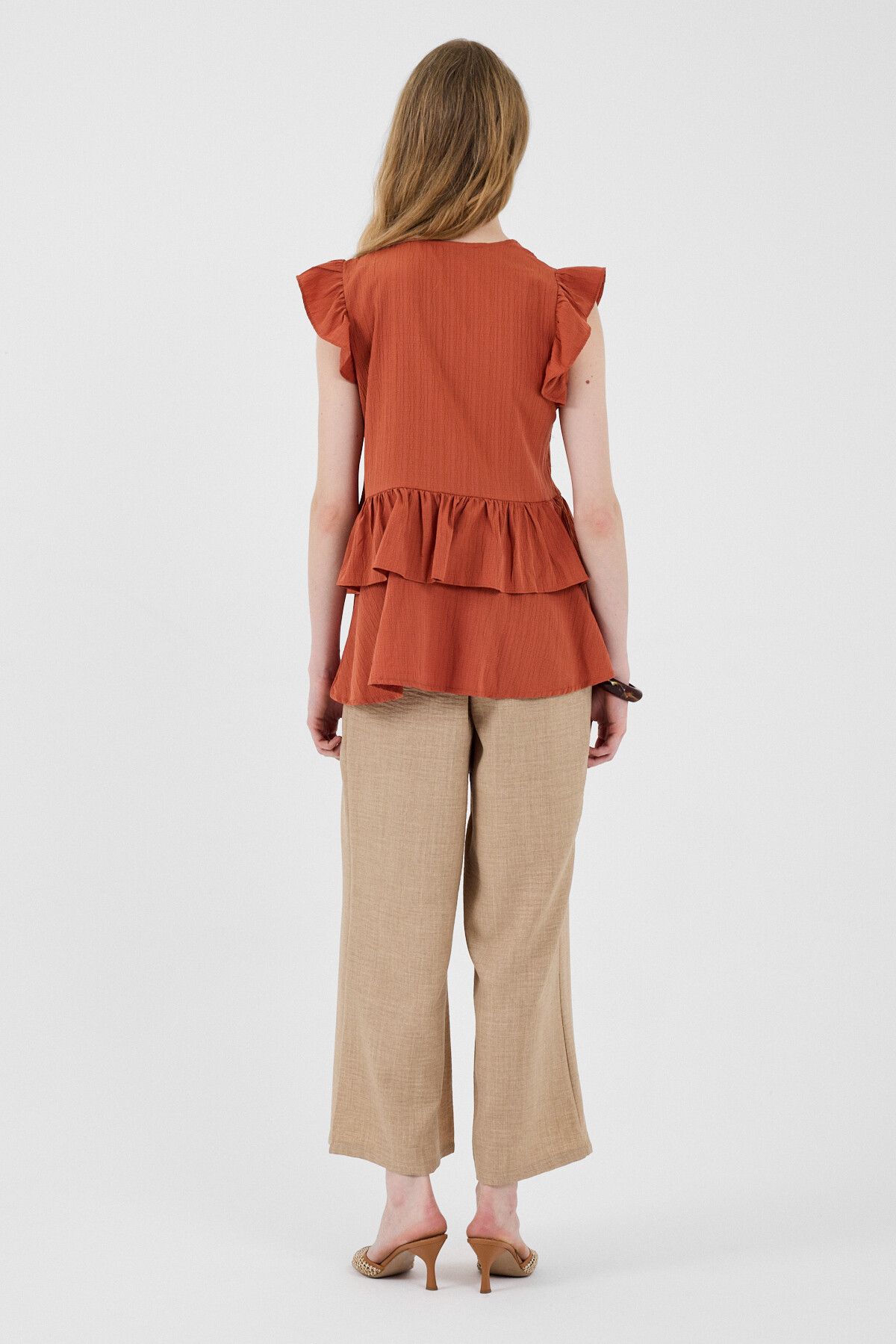 Kiremit V Yaka Düğmeli Fırfır Kol Bluz 8052A - 5