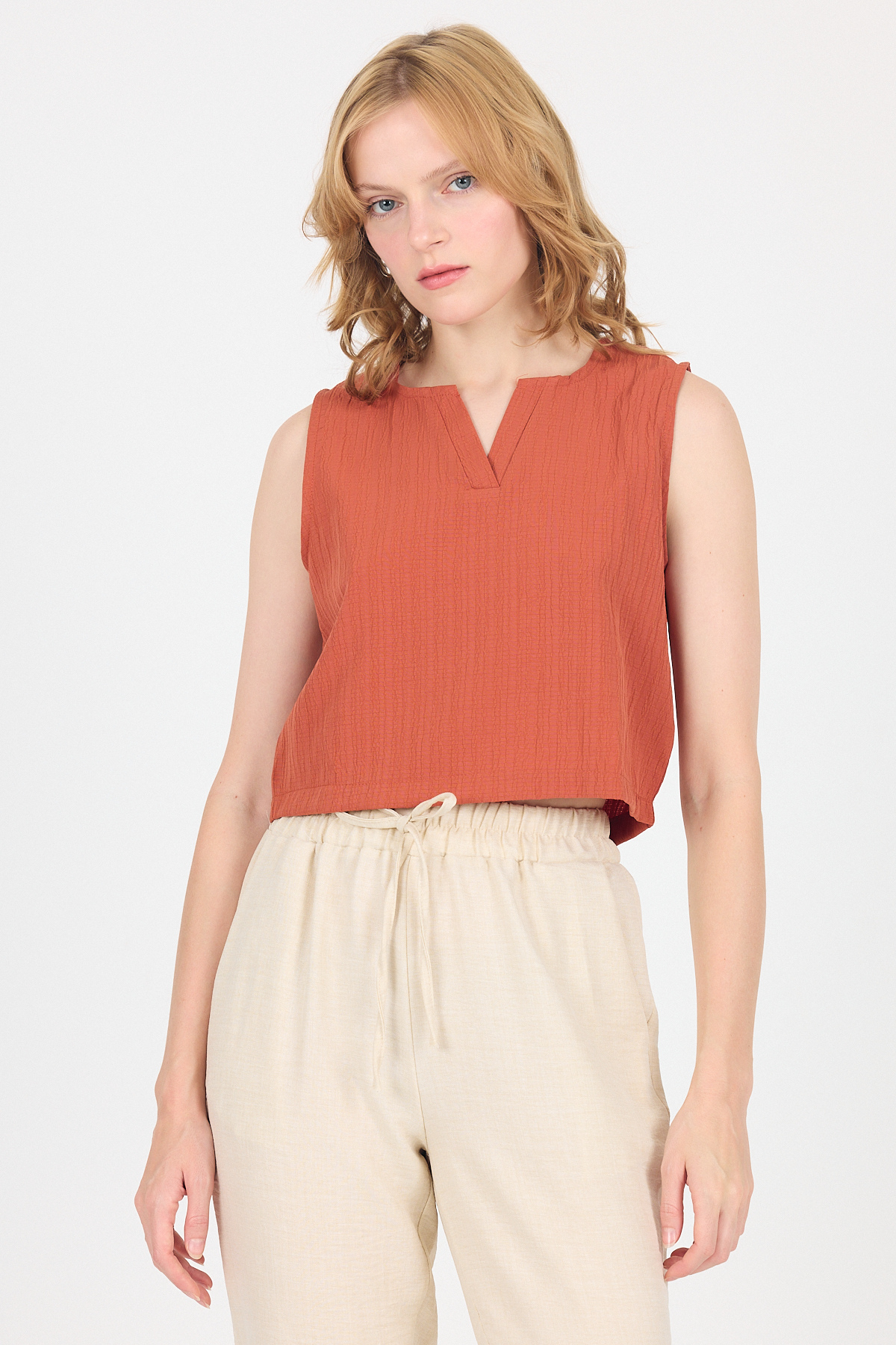 Kiremit V Yaka Kolsuz Crop Bluz 8027 - 1