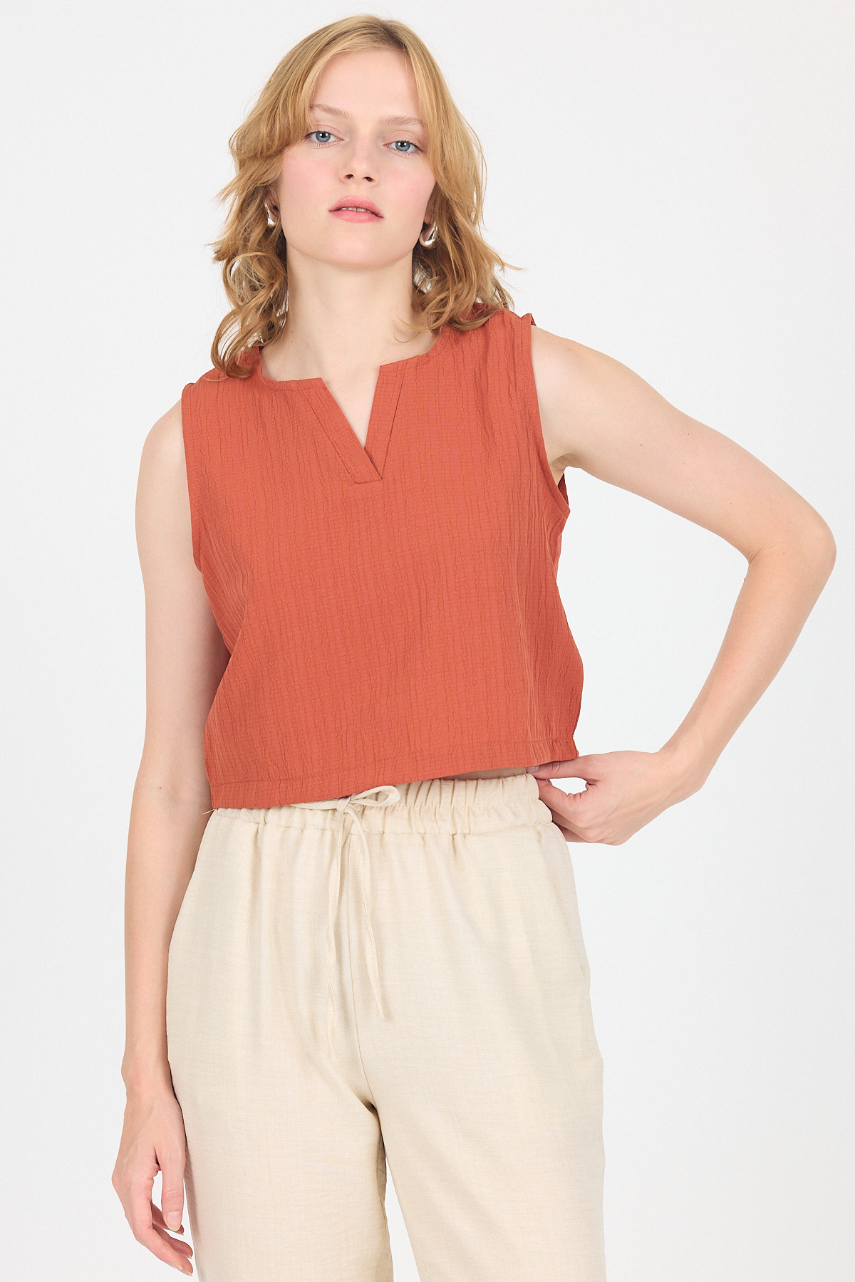 Kiremit V Yaka Kolsuz Crop Bluz 8027 - 6