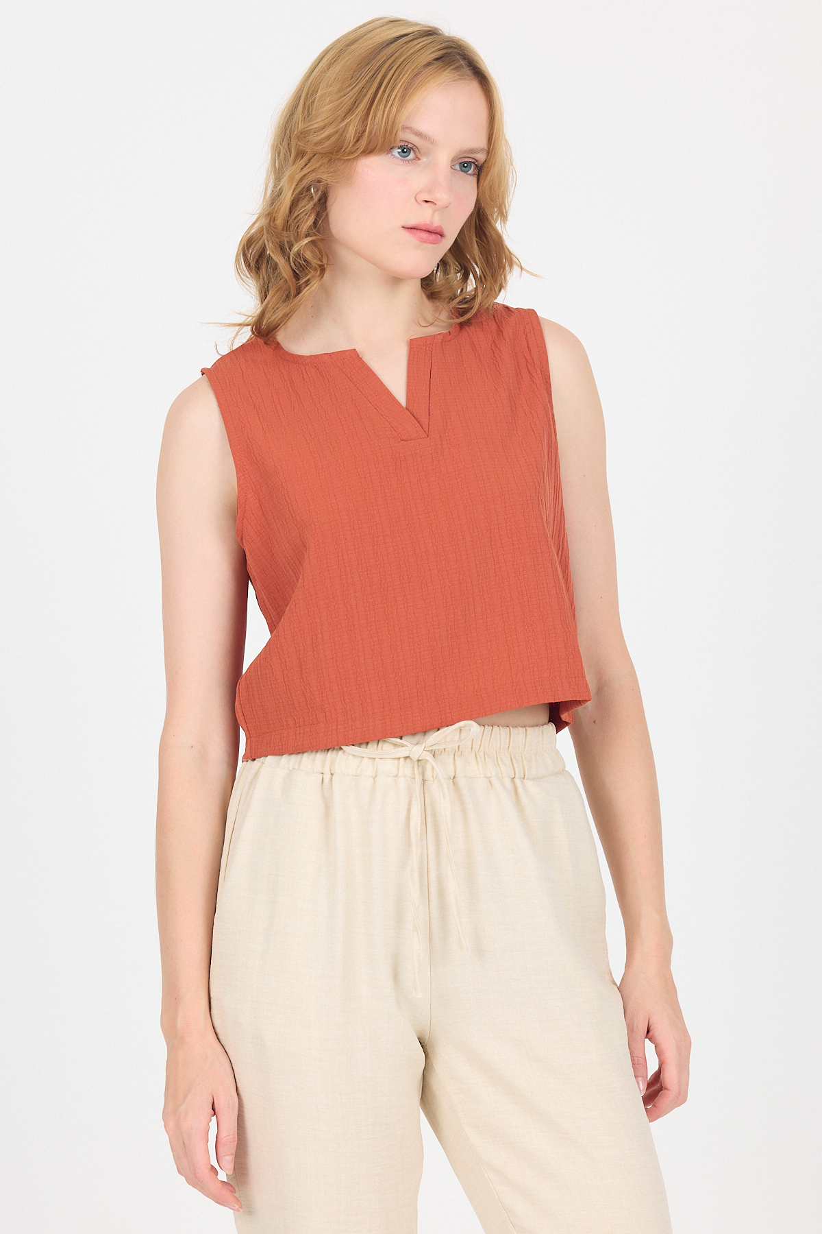 Kiremit V Yaka Kolsuz Crop Bluz 8027 - 2