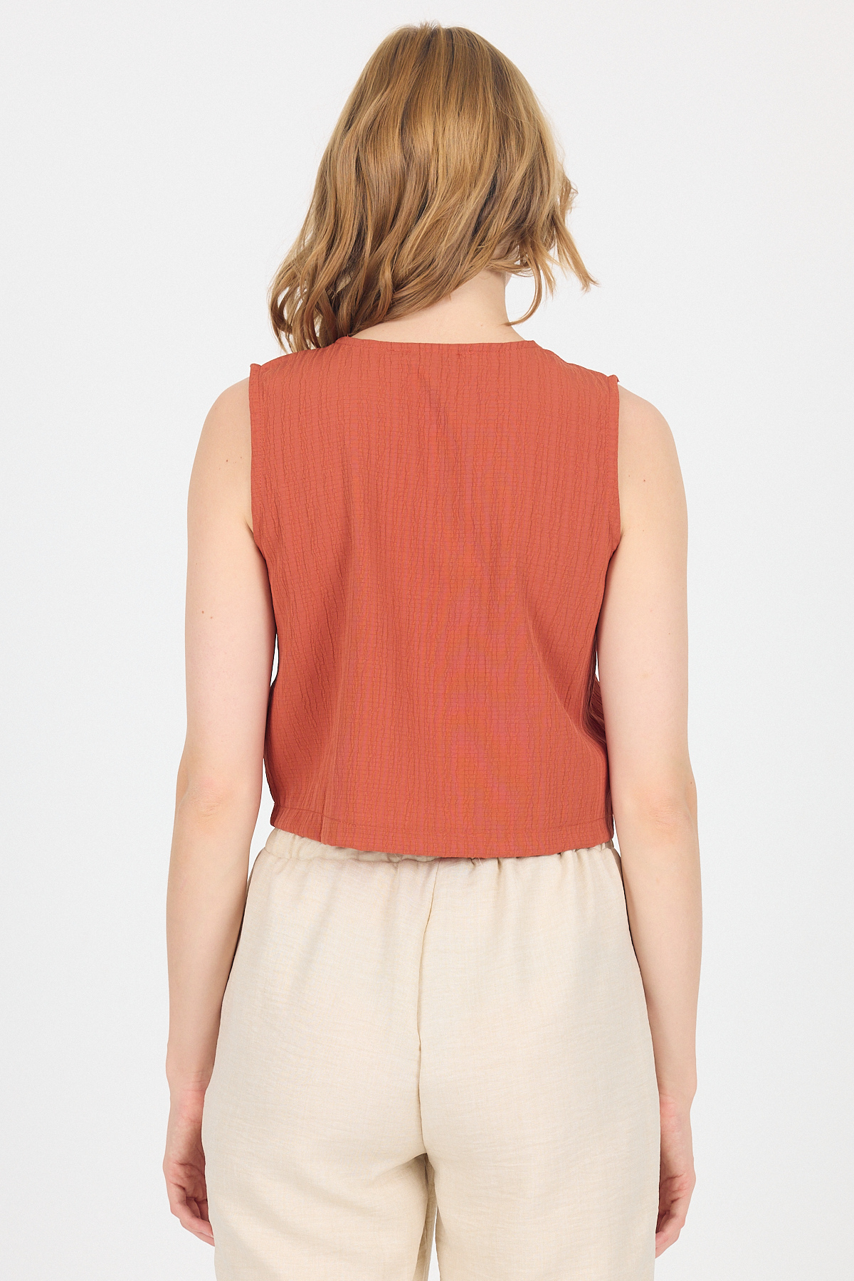 Kiremit V Yaka Kolsuz Crop Bluz 8027 - 5