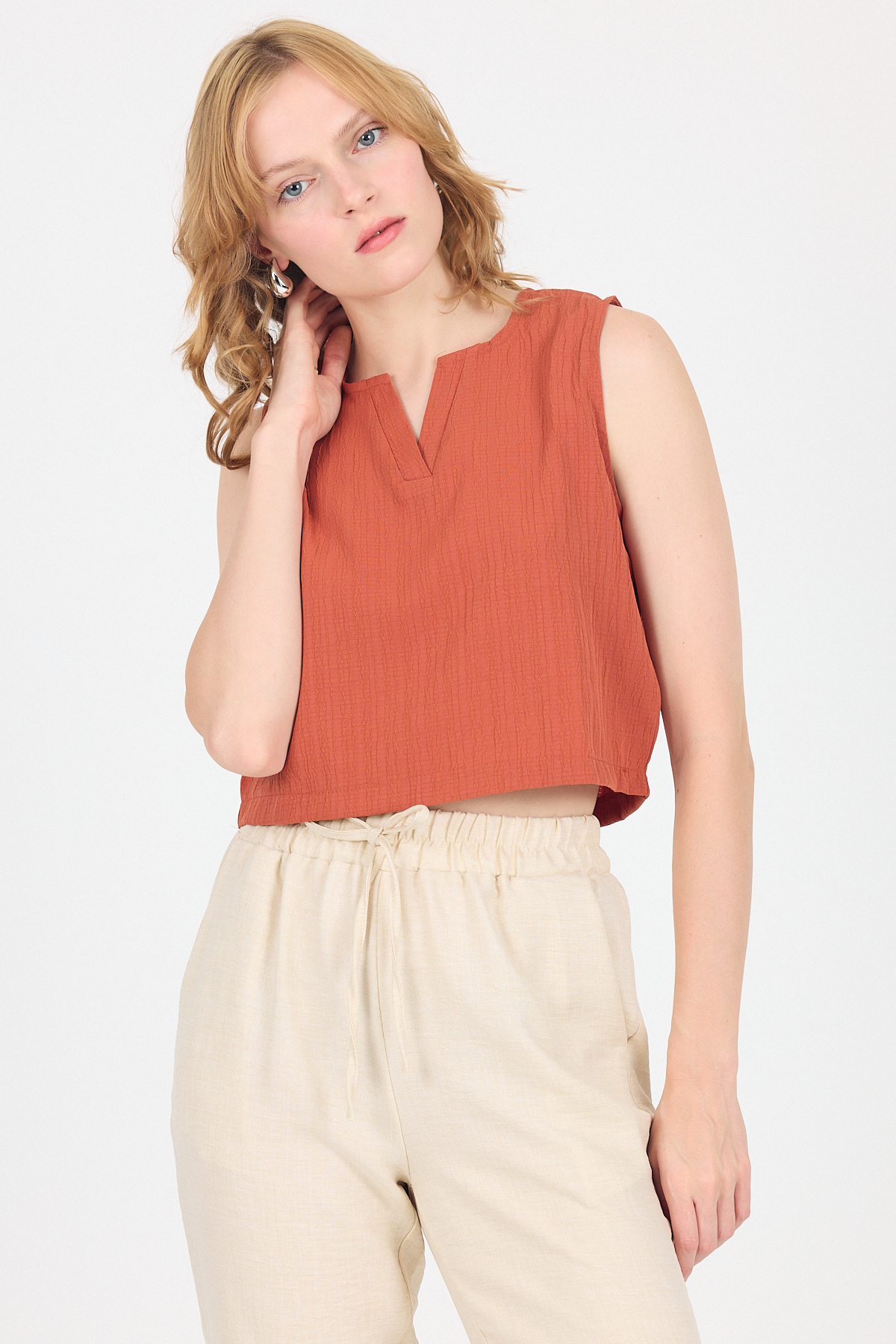 Kiremit V Yaka Kolsuz Crop Bluz 8027 - 7