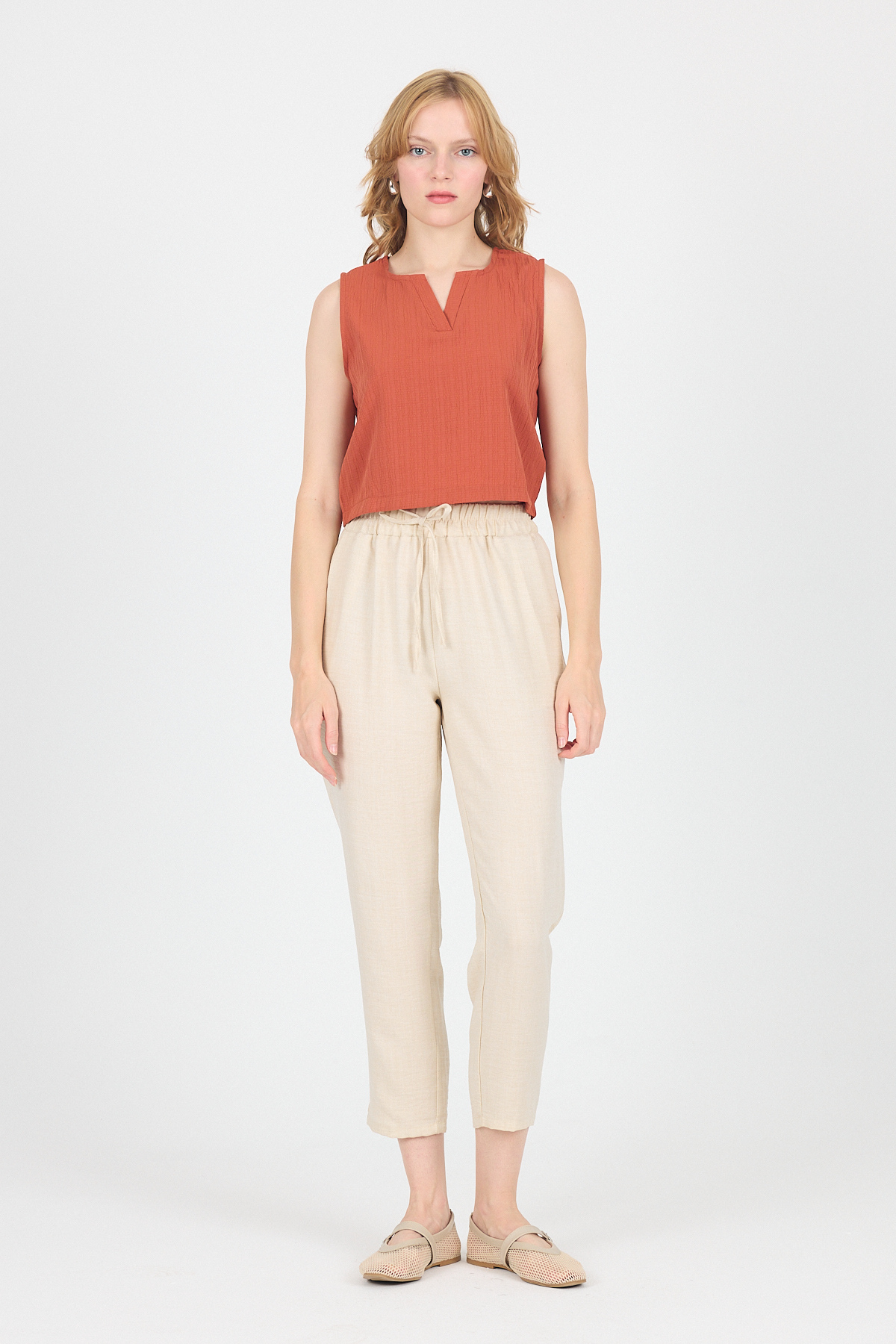 Kiremit V Yaka Kolsuz Crop Bluz 8027 - 3