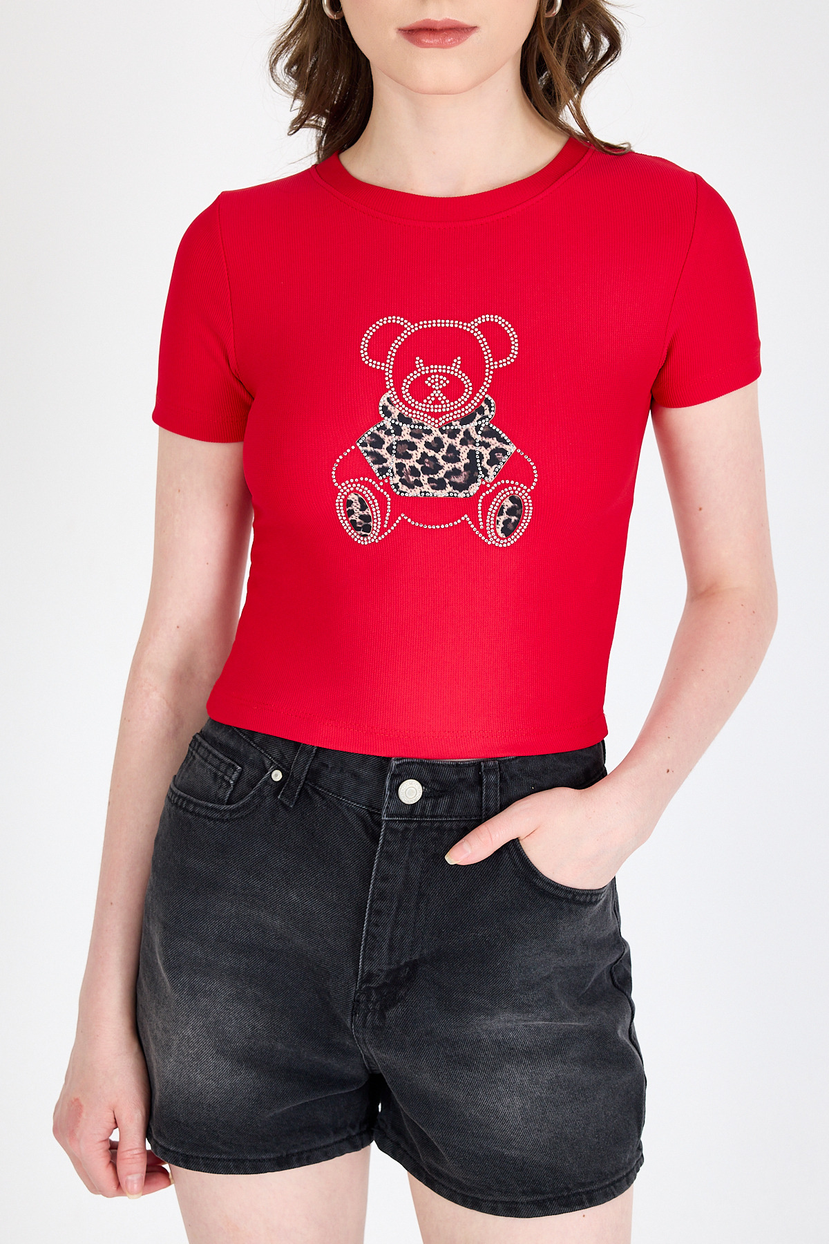 Kırmızı Ayıcık Baskılı Leopar Detaylı Slim Fit Crop Tişört 0549 - 6