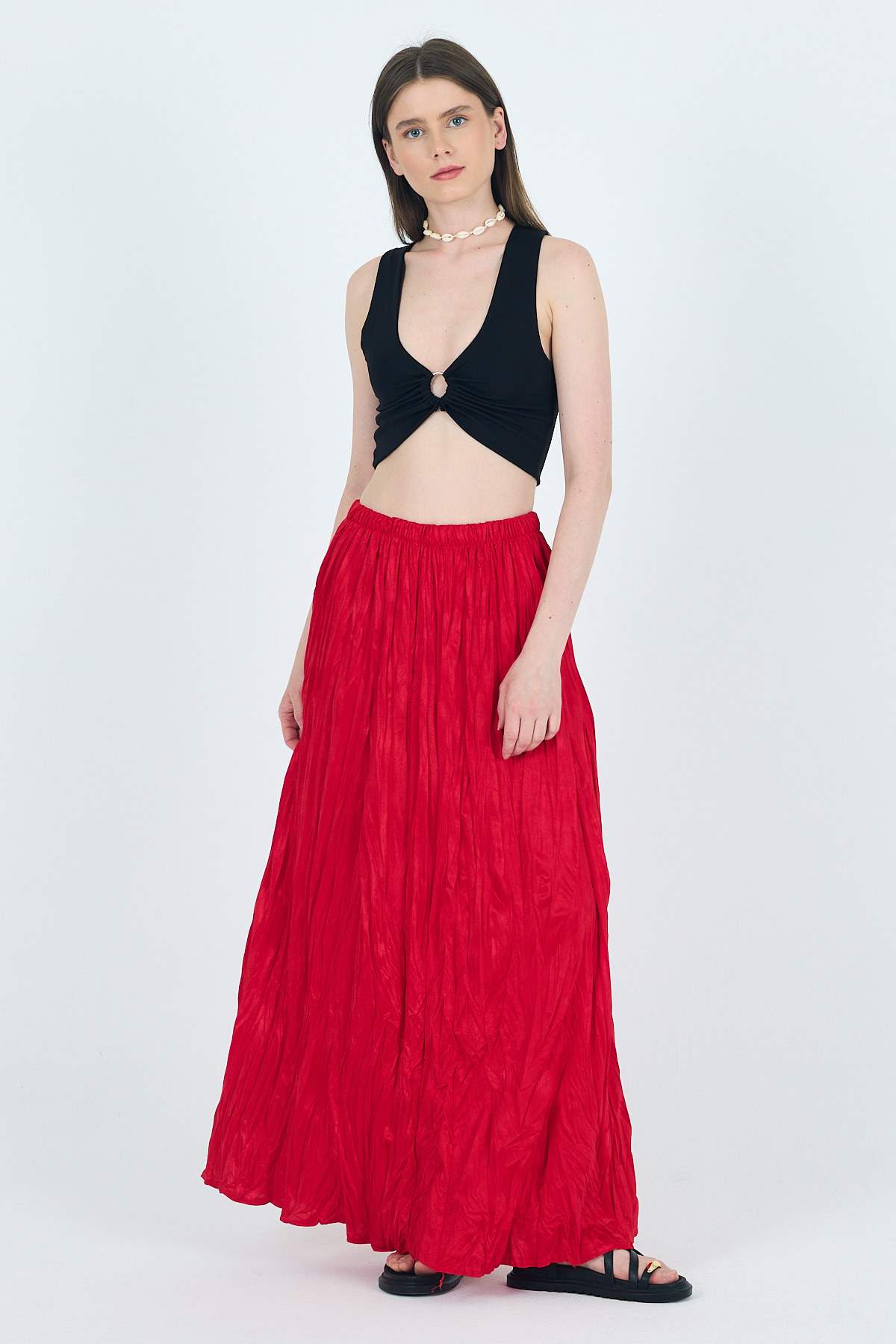 Kırmızı Bel Lastikli Kırışık Kumaş Etek 3483 - RAYS