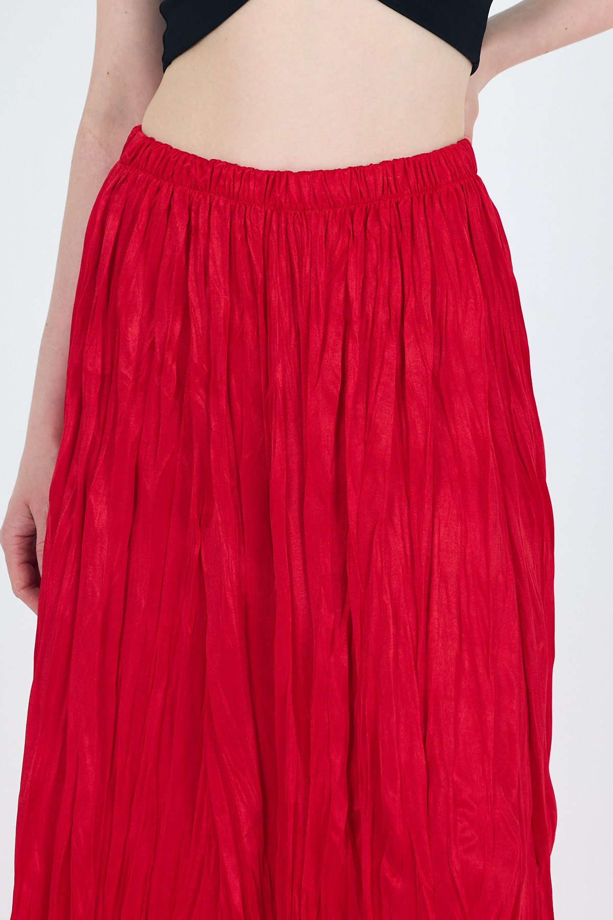 Kırmızı Bel Lastikli Kırışık Kumaş Etek 3483 - RAYS