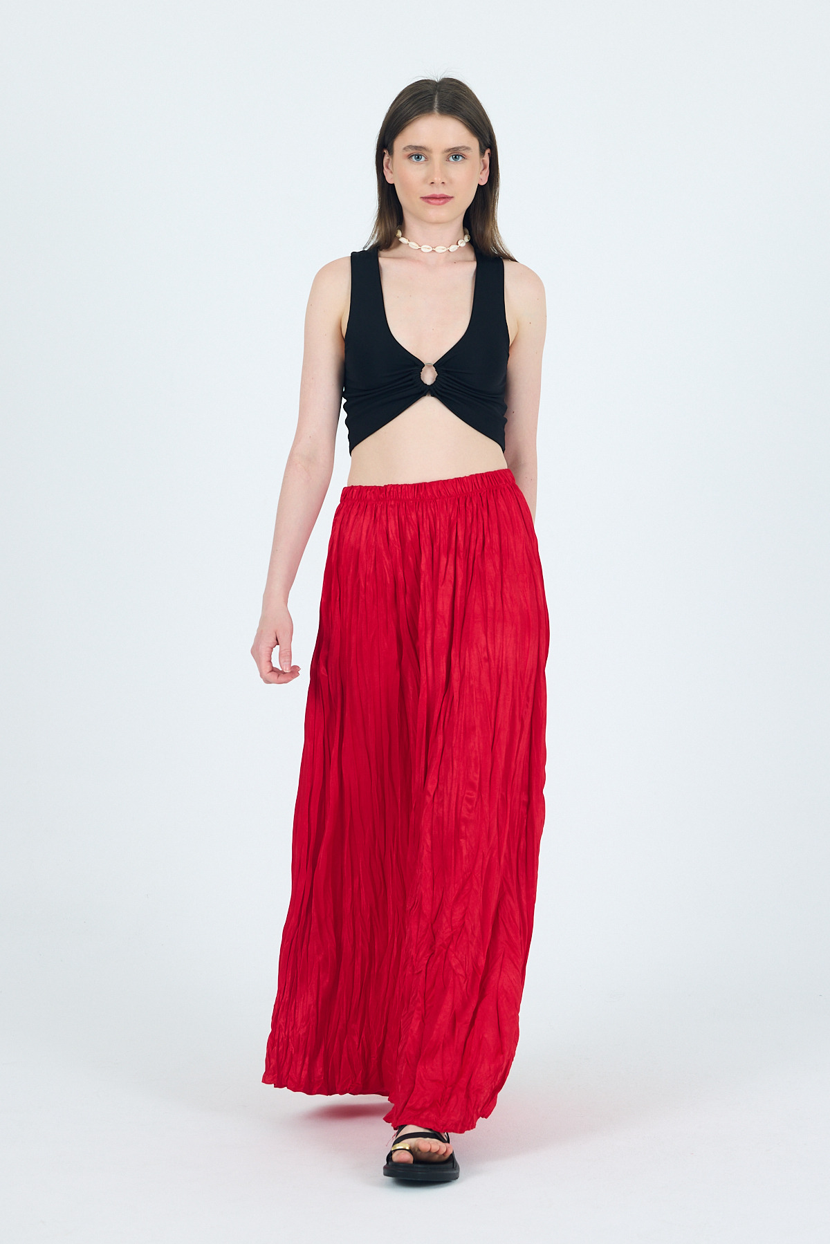 Kırmızı Bel Lastikli Kırışık Kumaş Etek 3483 - 2