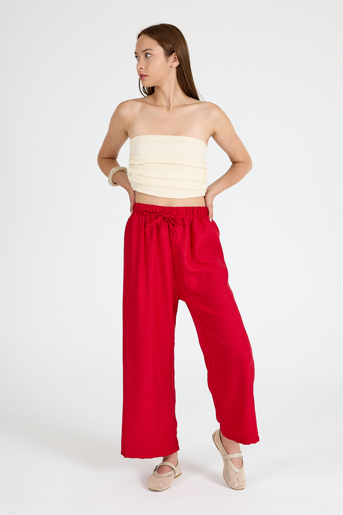 Kırmızı Bel Lastikli Pamuklu Örme Pantolon 8045A - 3