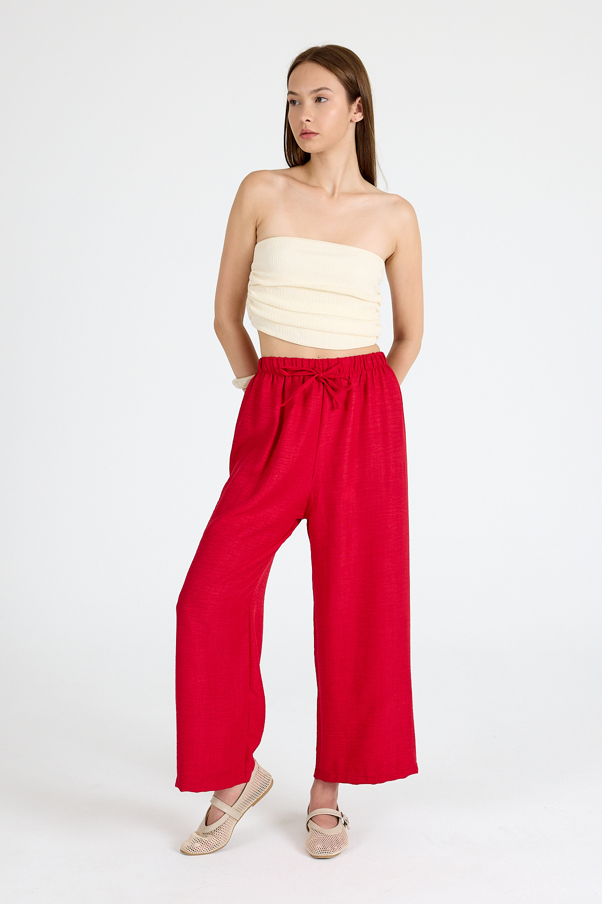 Kırmızı Bel Lastikli Pamuklu Örme Pantolon 8045A - 2