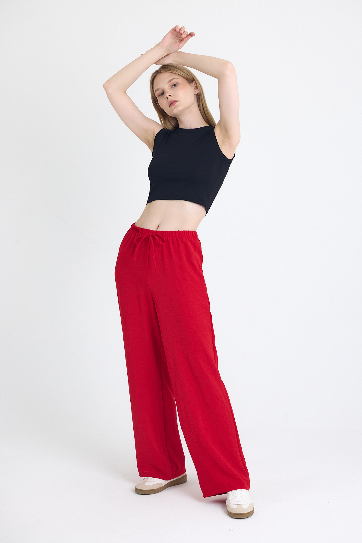 Kırmızı Beli Lastikli Bol Paça Dokuma Pantolon 4284-1 - 1