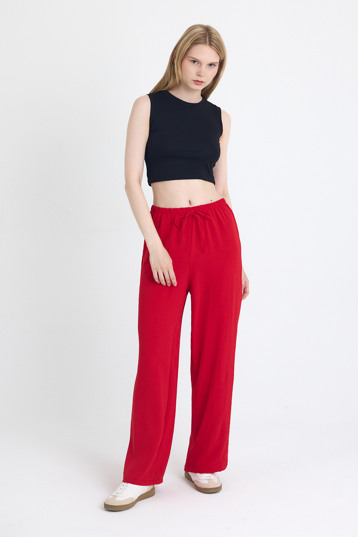 Kırmızı Beli Lastikli Bol Paça Dokuma Pantolon 4284-1 - 2