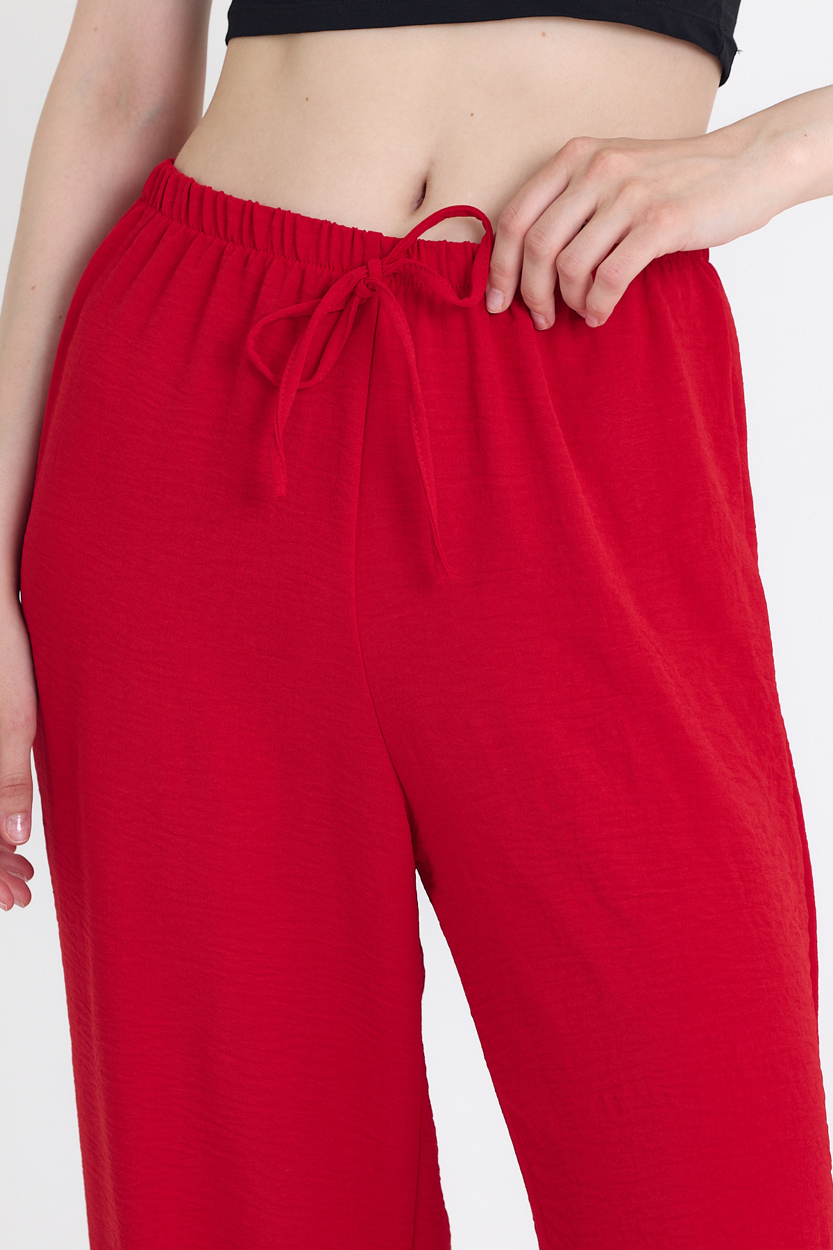Kırmızı Beli Lastikli Bol Paça Dokuma Pantolon 4284-1 - 4