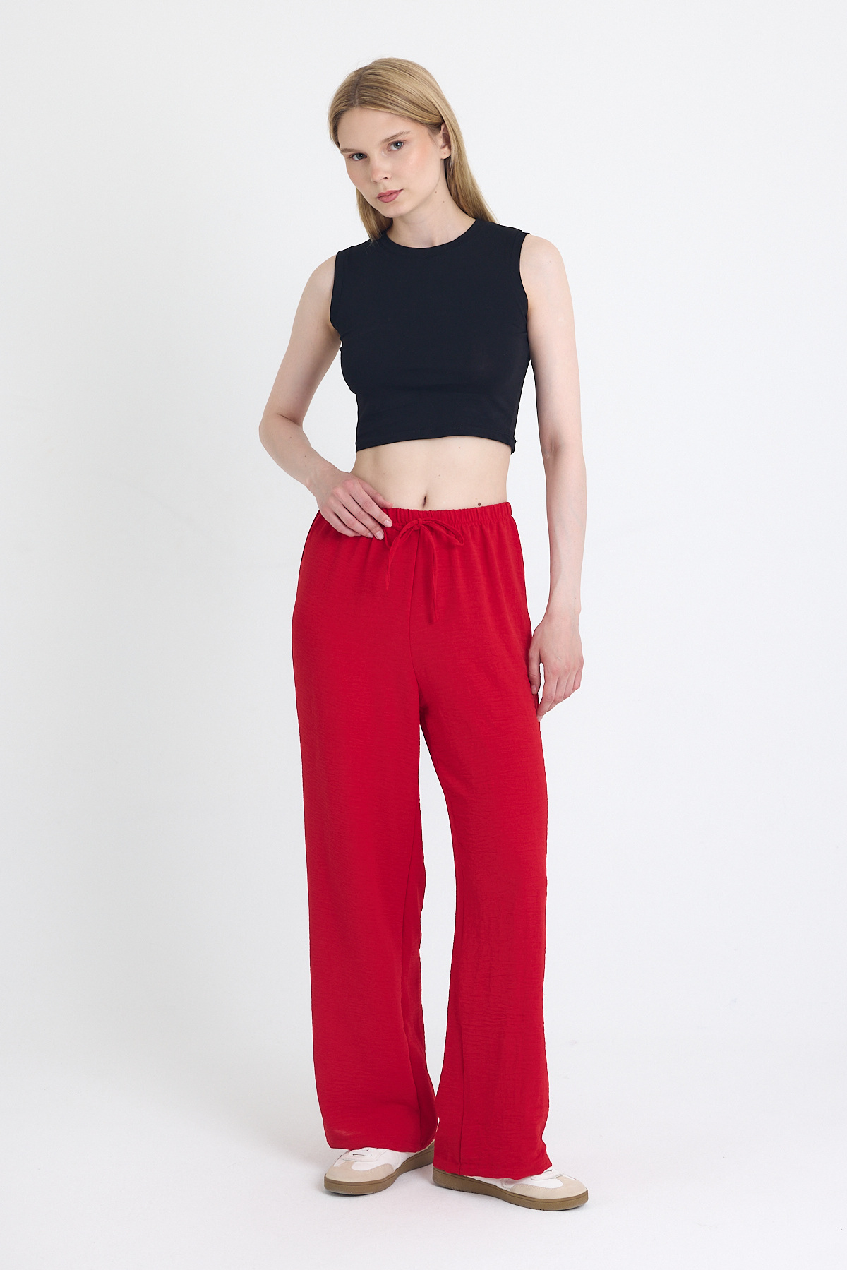 Kırmızı Beli Lastikli Bol Paça Dokuma Pantolon 4284-1 - 6