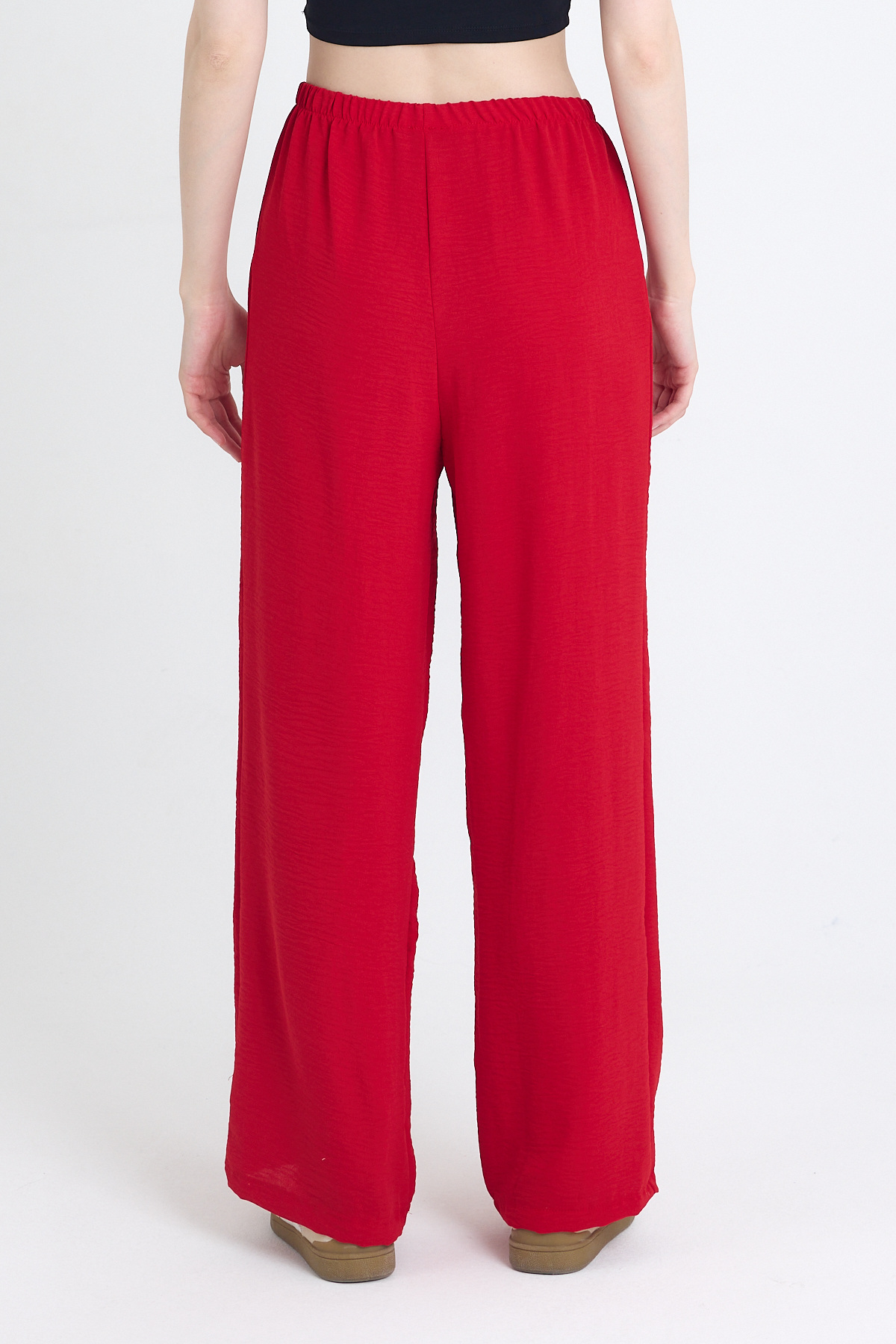 Kırmızı Beli Lastikli Bol Paça Dokuma Pantolon 4284-1 - 5