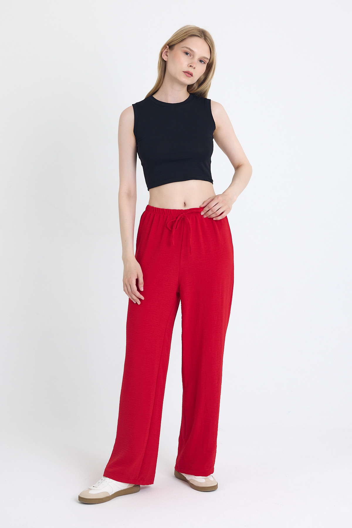Kırmızı Beli Lastikli Bol Paça Dokuma Pantolon 4284-1 - 3