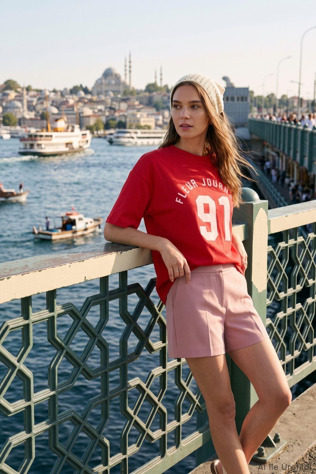 Bisiklet Yaka Kısa Kol Baskılı Oversize Tişört 8458 Kırmızı - RAYS