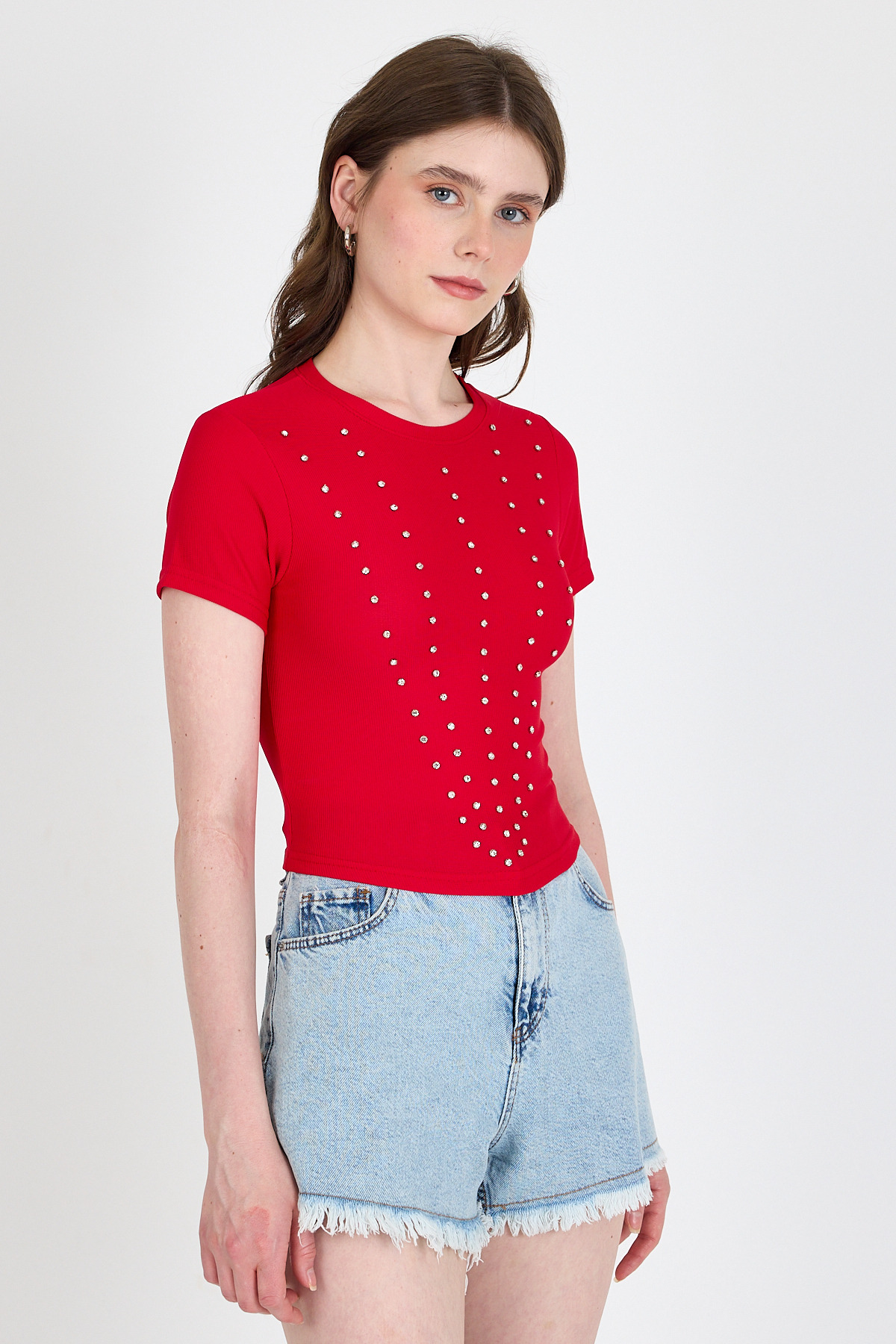Kırmızı Bisiklet Yaka Taş İşleme Detaylı Slim Fit Crop Tişört 1149 - 1