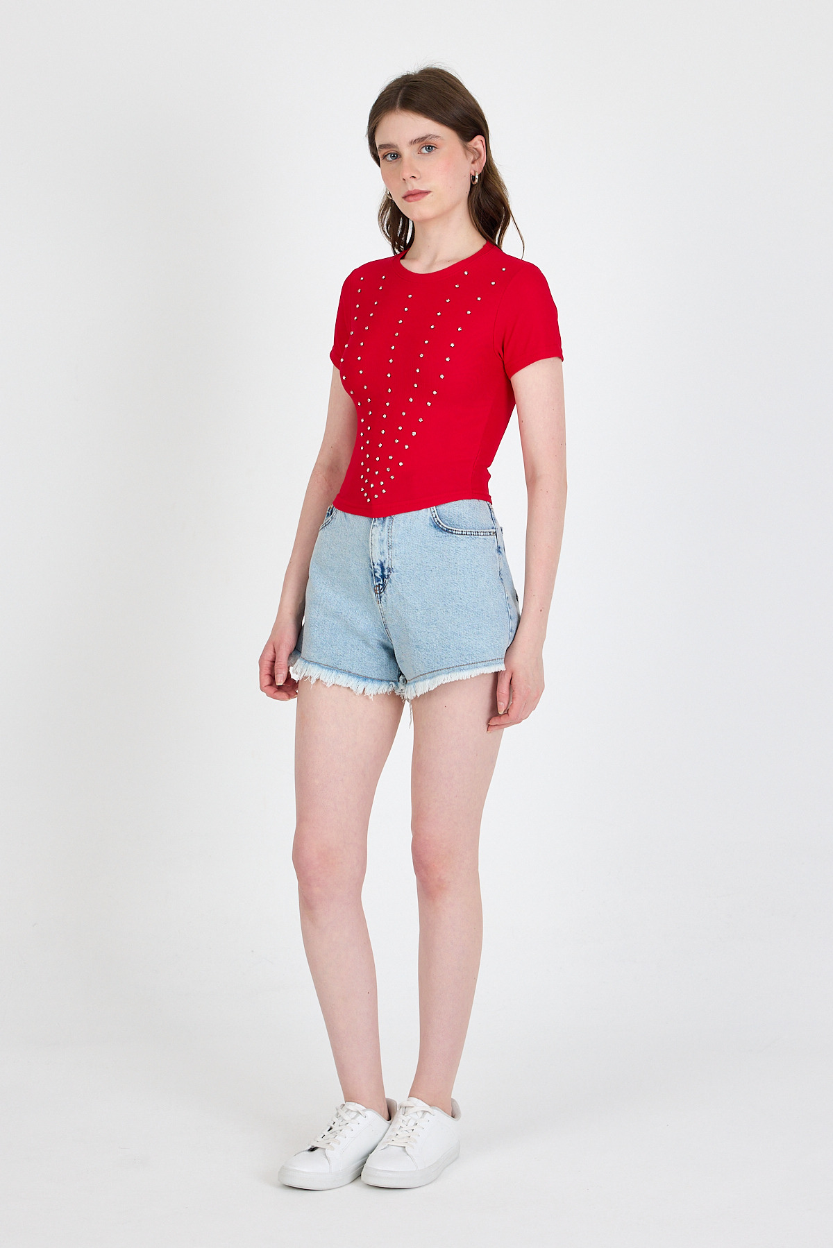 Kırmızı Bisiklet Yaka Taş İşleme Detaylı Slim Fit Crop Tişört 1149 - 3