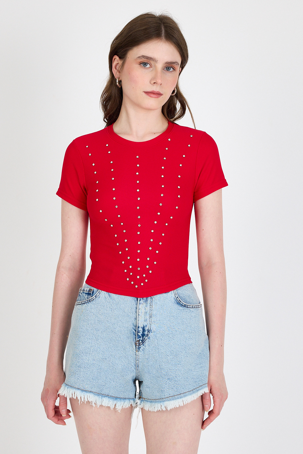 Kırmızı Bisiklet Yaka Taş İşleme Detaylı Slim Fit Crop Tişört 1149 - RAYS