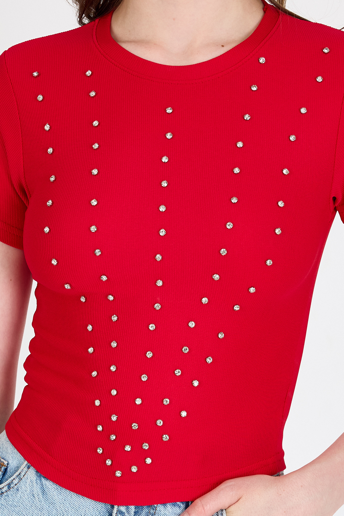 Kırmızı Bisiklet Yaka Taş İşleme Detaylı Slim Fit Crop Tişört 1149 - RAYS