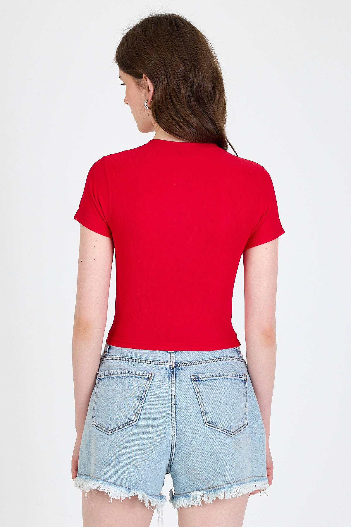 Kırmızı Bisiklet Yaka Taş İşleme Detaylı Slim Fit Crop Tişört 1149 - 5