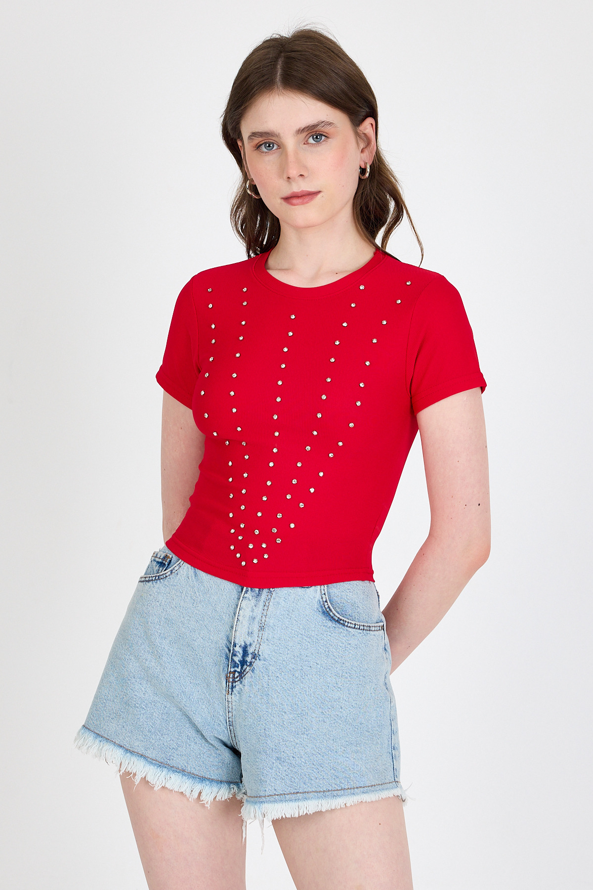 Kırmızı Bisiklet Yaka Taş İşleme Detaylı Slim Fit Crop Tişört 1149 - 6