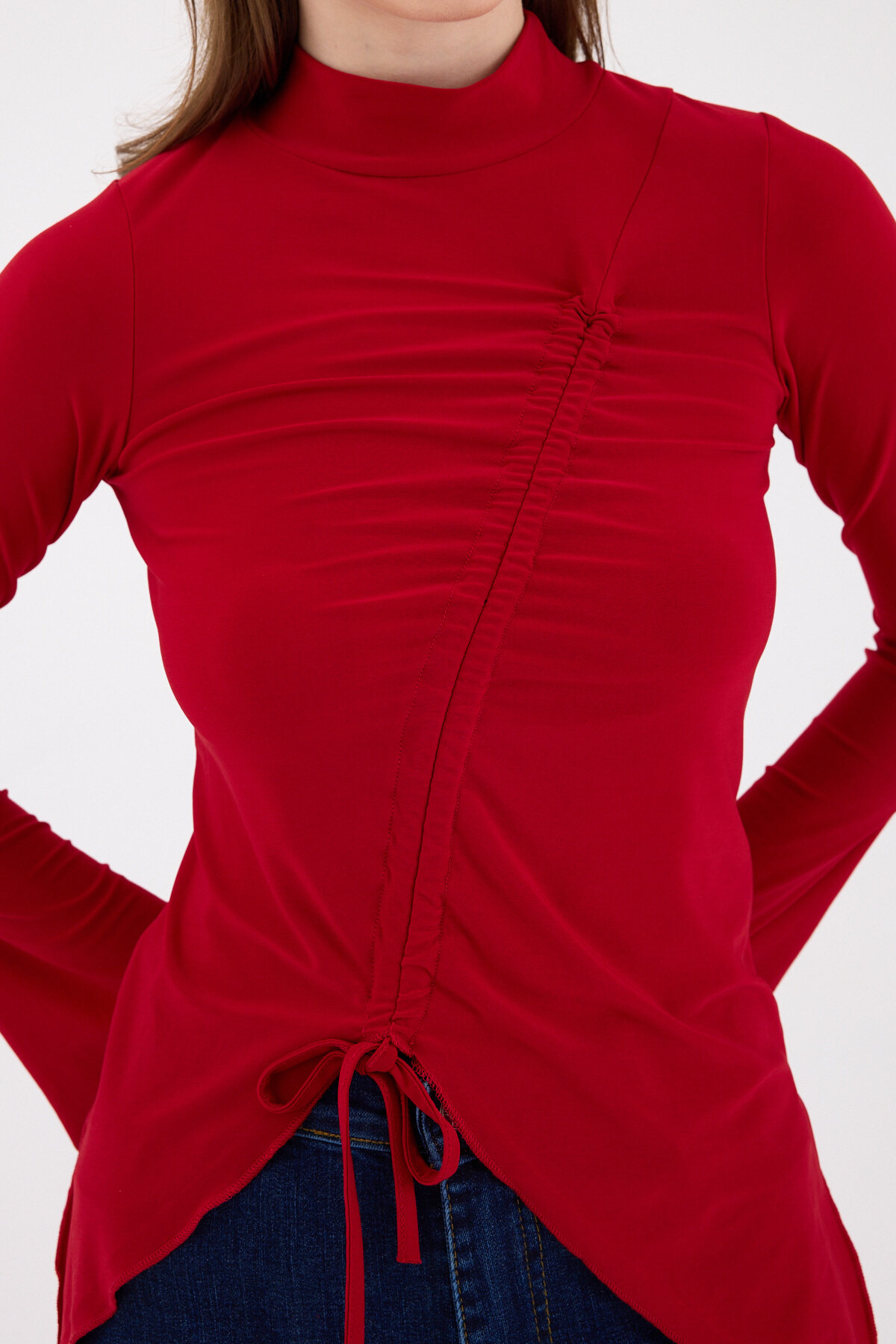 Kırmızı Büzgü Detaylı Balıkçı Yaka Bluz 2458 - RAYS