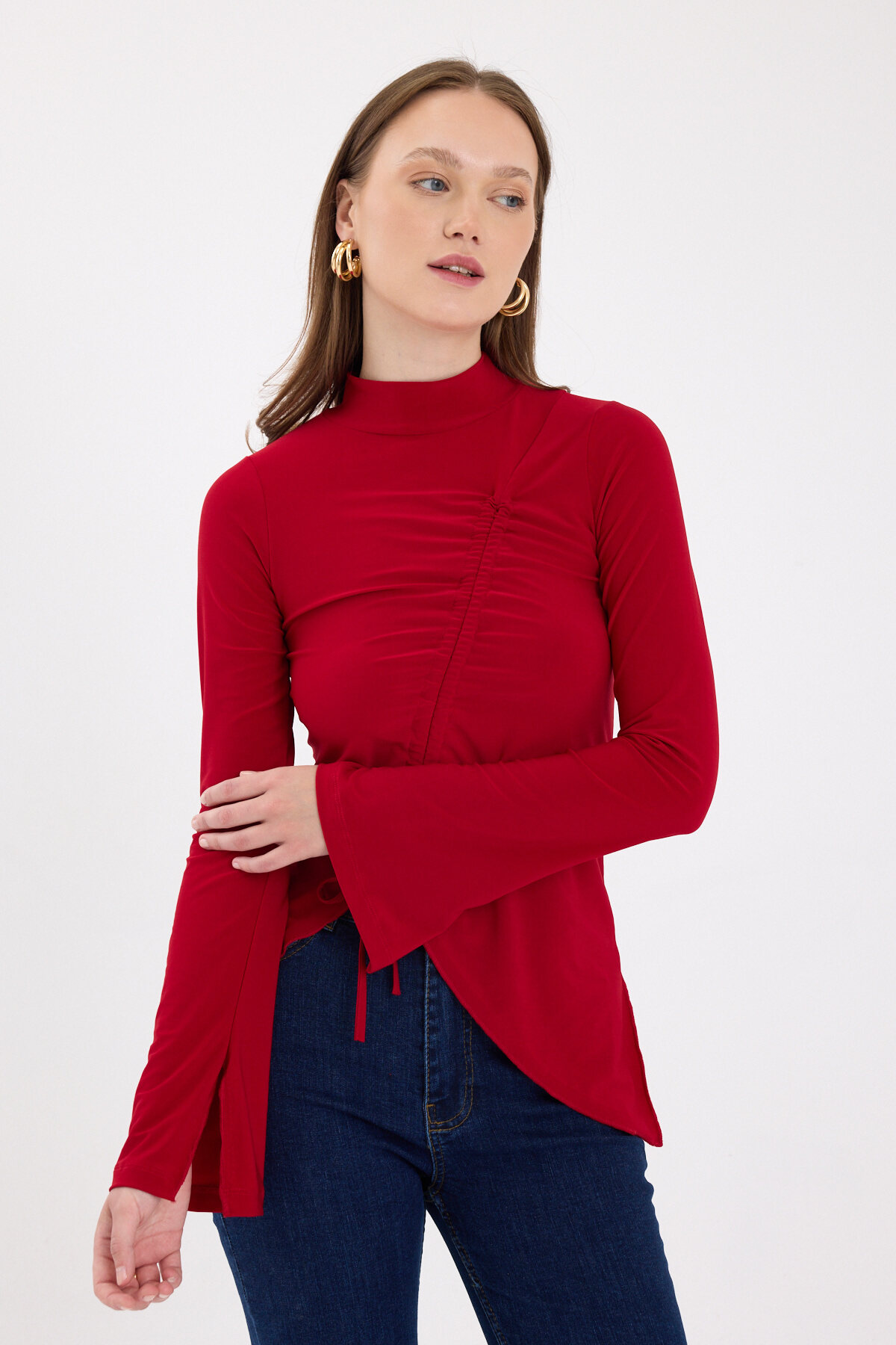 Kırmızı Büzgü Detaylı Balıkçı Yaka Bluz 2458 - RAYS