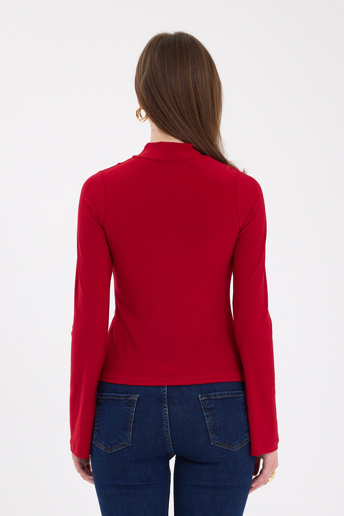 Kırmızı Büzgü Detaylı Balıkçı Yaka Bluz 2458 - 5
