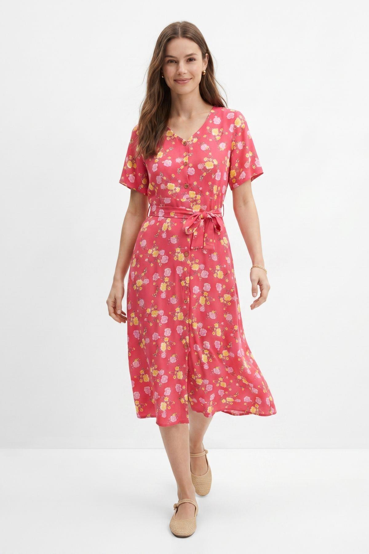 Kırmızı Çiçekli V Yaka Elbise 066 - 2