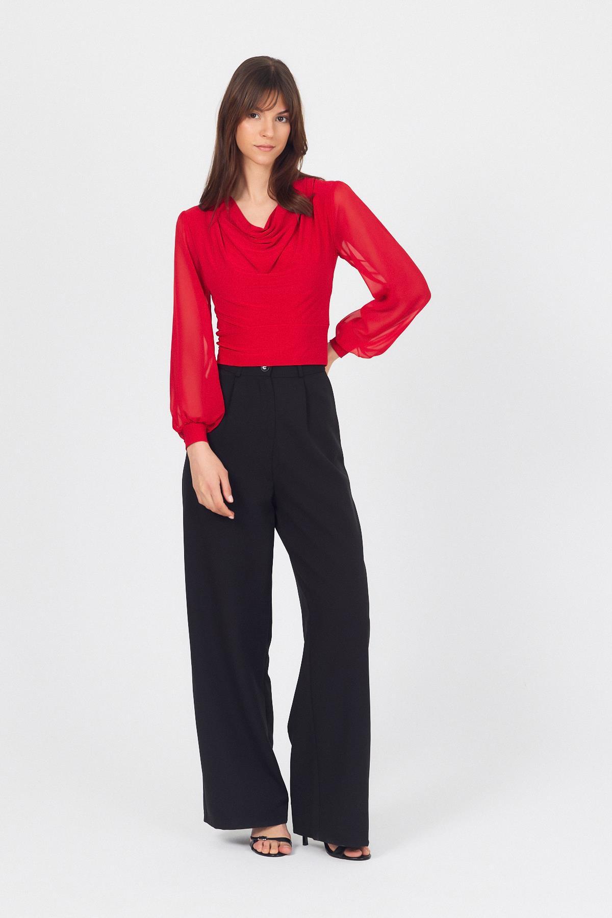 Kırmızı Drapeli Tül Kol Detaylı Bluz 9474 - 3