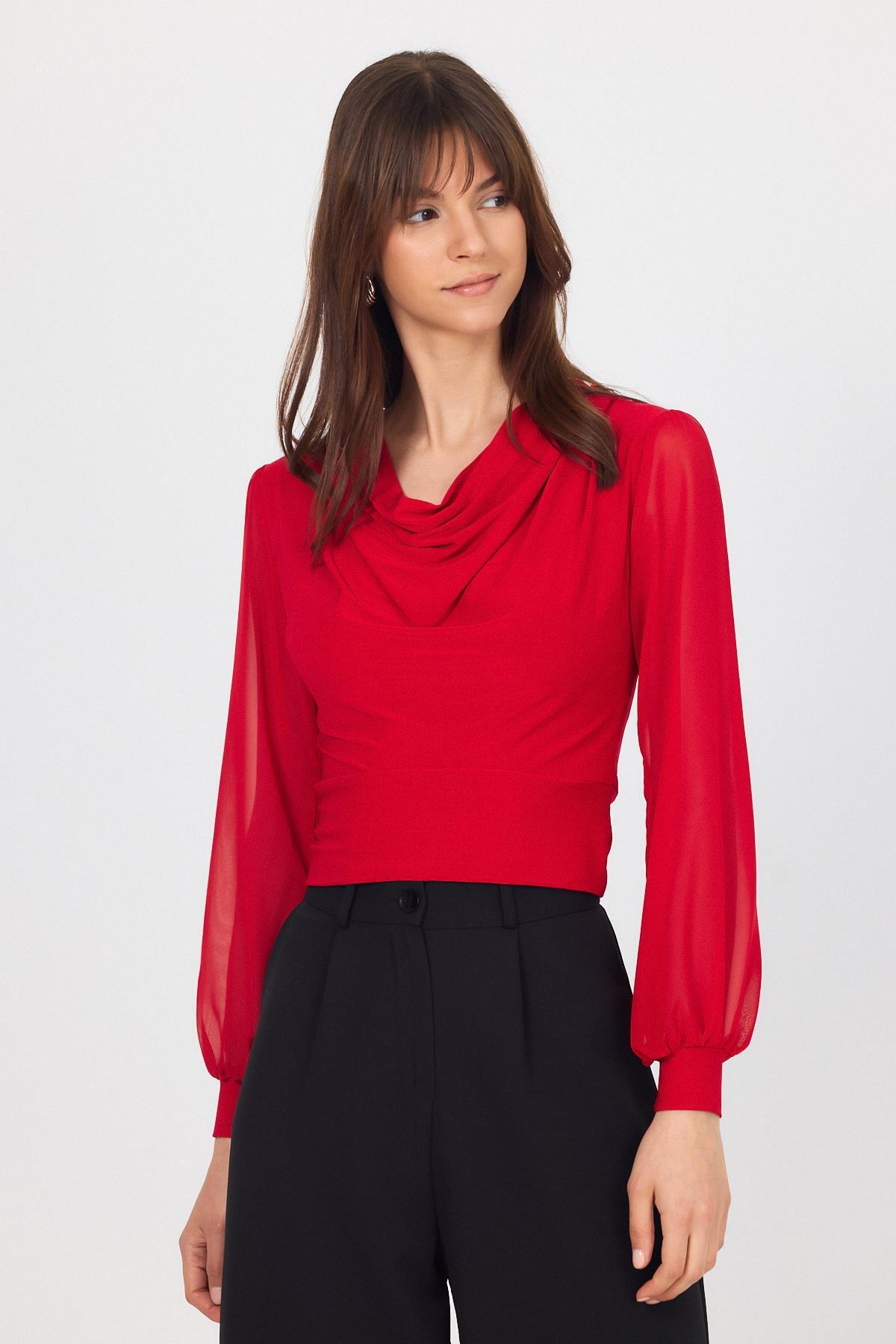 Kırmızı Drapeli Tül Kol Detaylı Bluz 9474 - 8