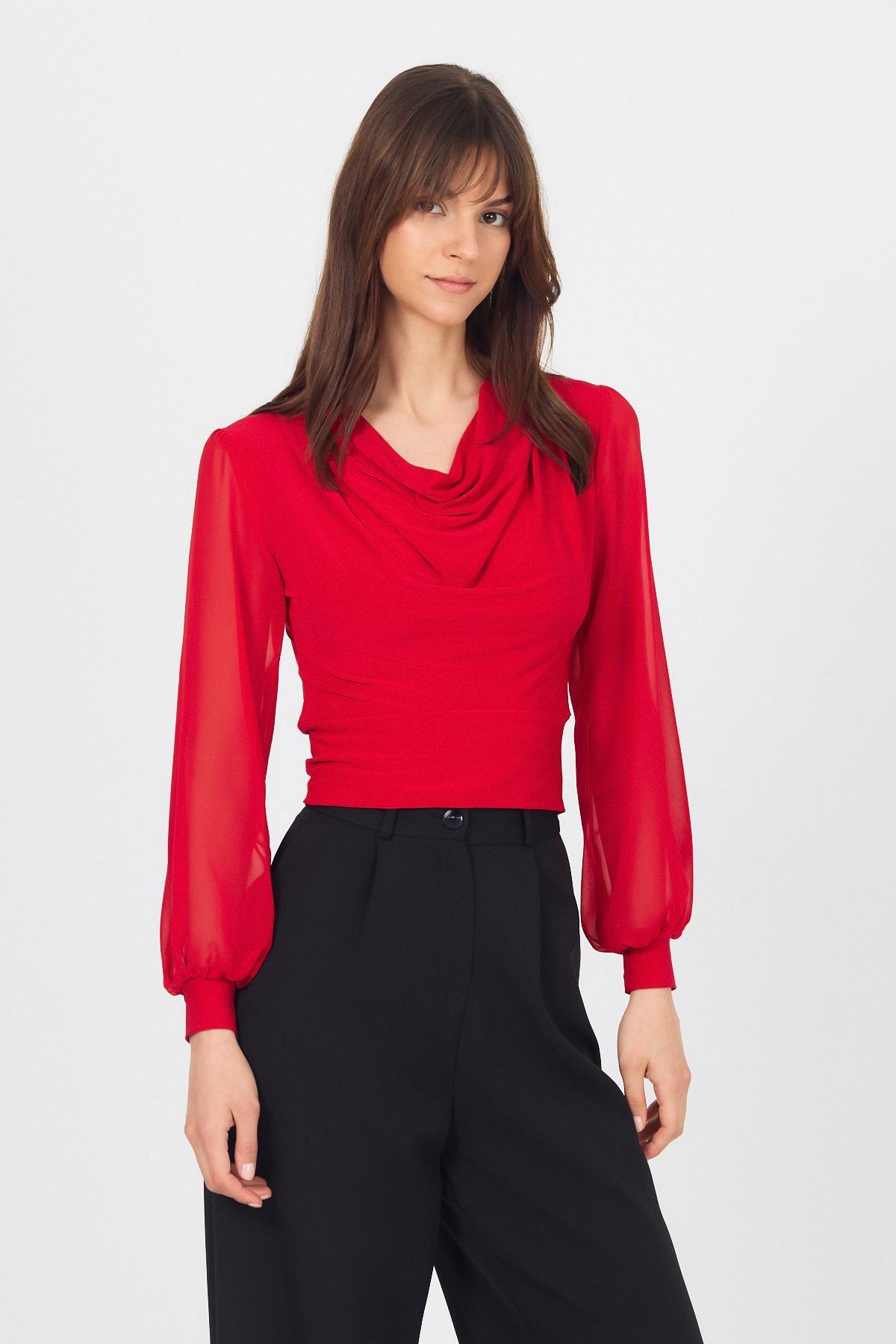 Kırmızı Drapeli Tül Kol Detaylı Bluz 9474 