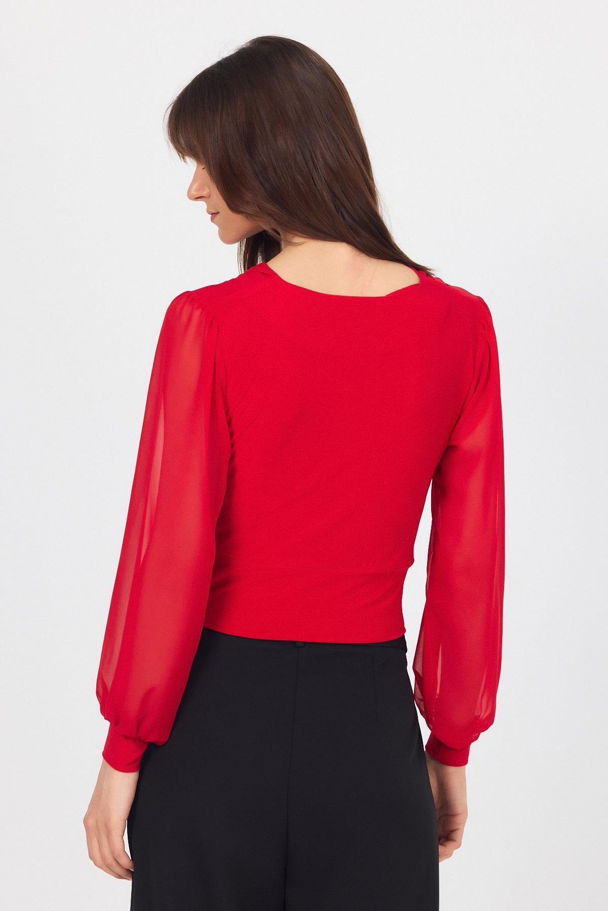 Kırmızı Drapeli Tül Kol Detaylı Bluz 9474 - 5