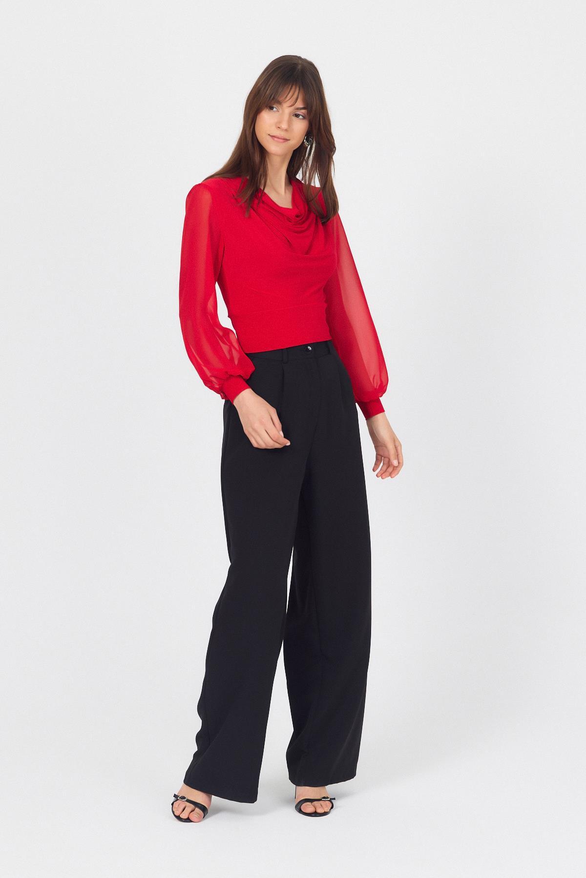 Kırmızı Drapeli Tül Kol Detaylı Bluz 9474 - 6