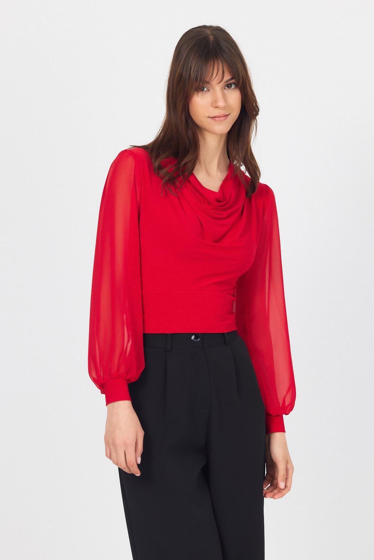 Kırmızı Drapeli Tül Kol Detaylı Bluz 9474 - 7