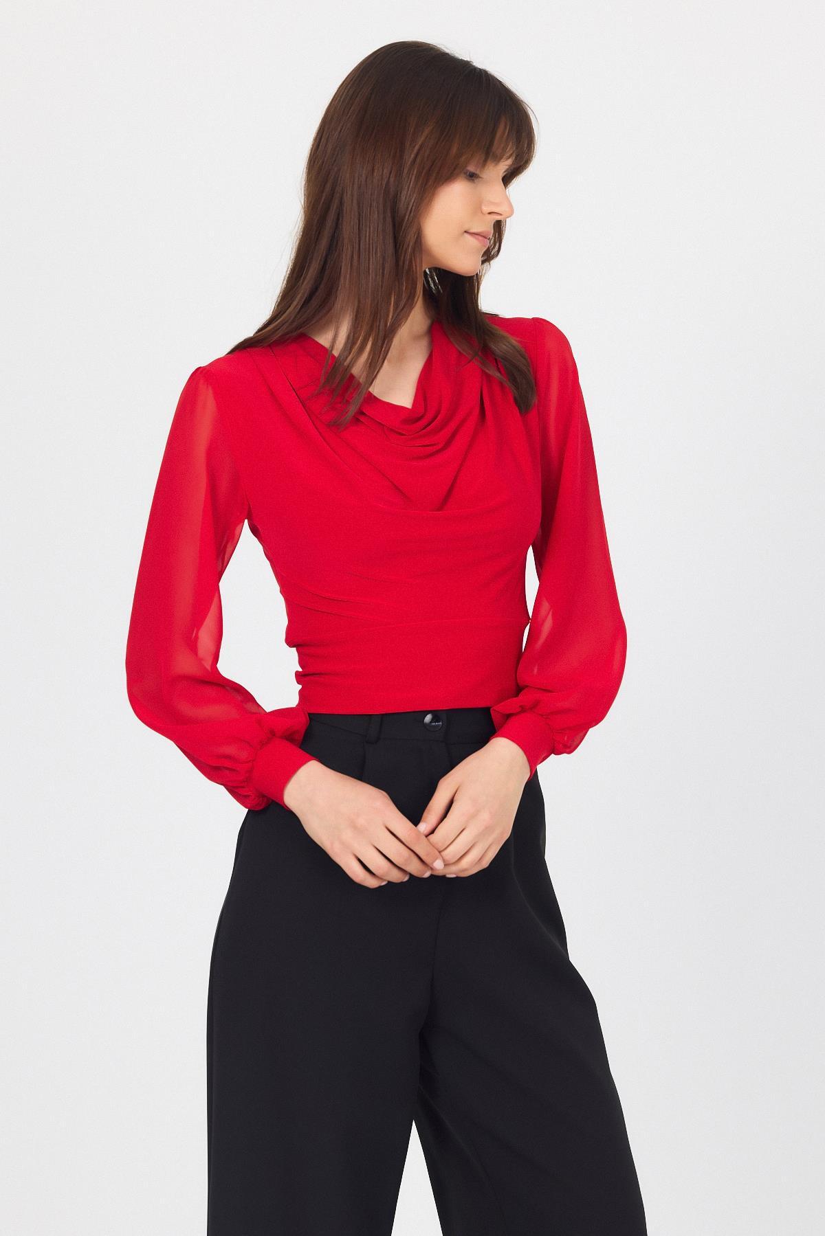 Kırmızı Drapeli Tül Kol Detaylı Bluz 9474 - 2