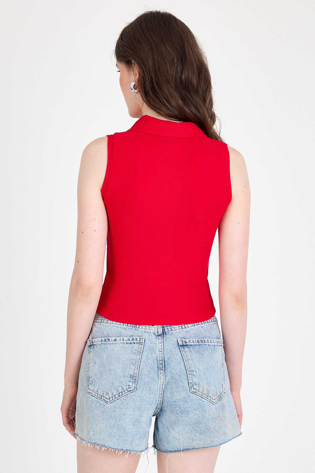 Kırmızı Düğmeli Polo Yaka Sıfır Kol Örme Bluz 2219 - 5