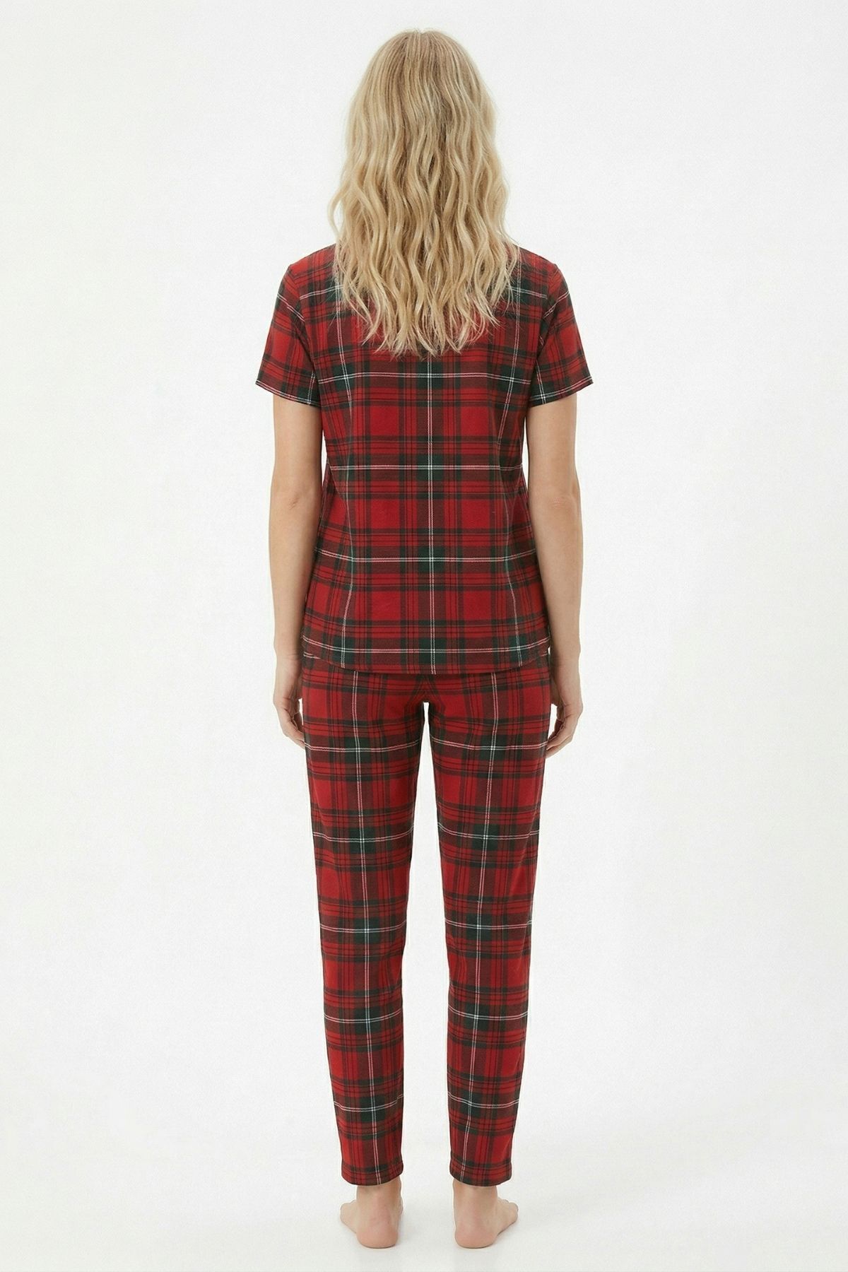 Kırmızı Ecose Desen Kısa Kol Tişört Pijama Takım 0714 - 3