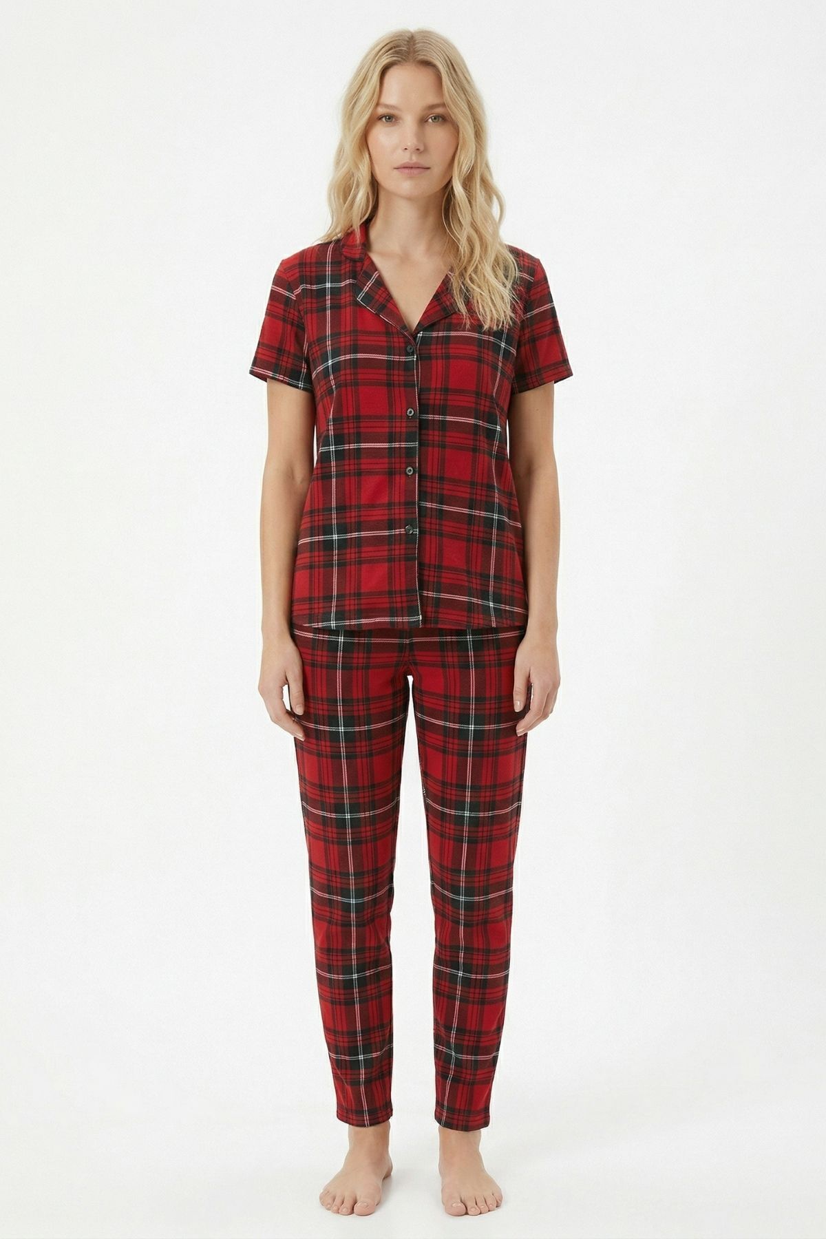 Kırmızı Ecose Desen Kısa Kol Tişört Pijama Takım 0714 - RAYS (1)