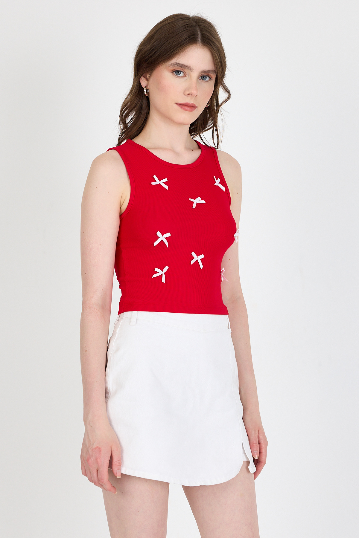 Kırmızı Fiyonk İşlemeli Crop Örme Atlet 0849 