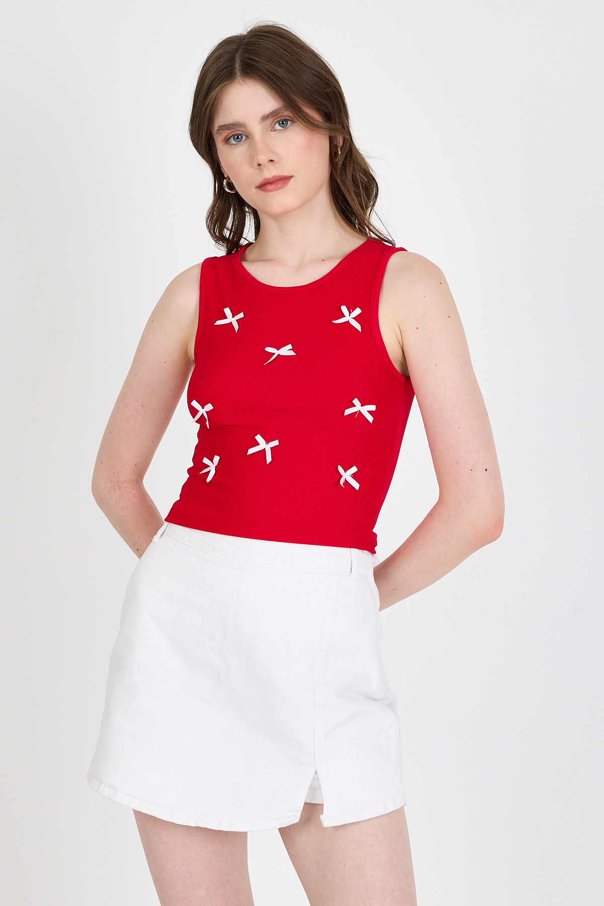 Kırmızı Fiyonk İşlemeli Crop Örme Atlet 0849 - 2