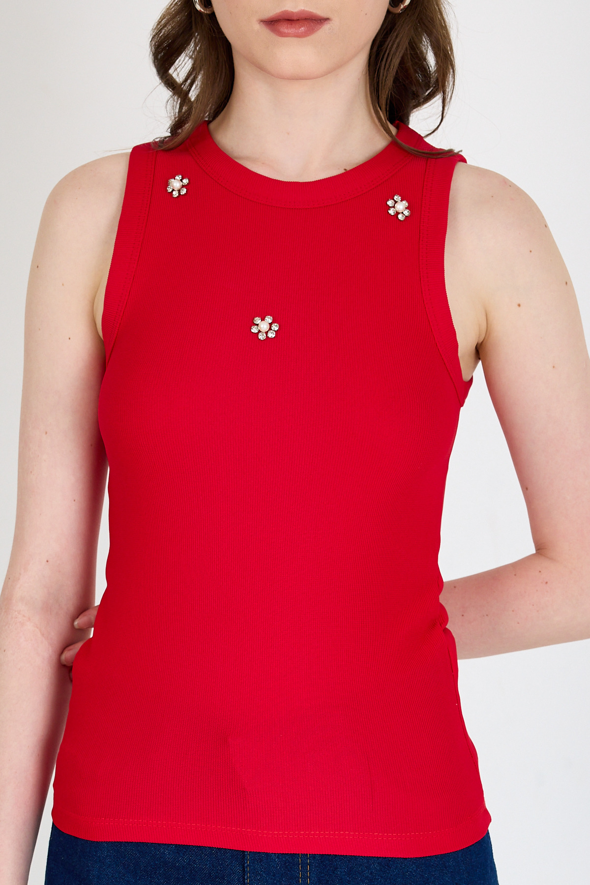 Kırmızı İnci Taş Detaylı Halter Yaka Ribanalı Atlet 0649 - 6