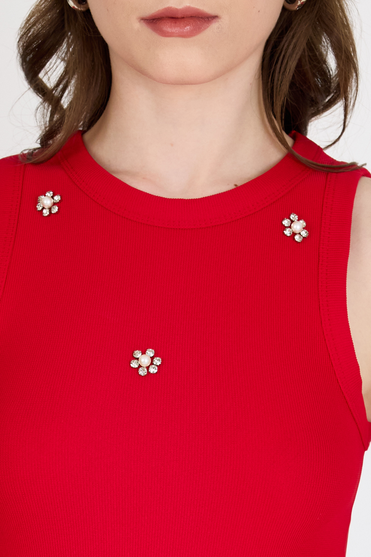 Kırmızı İnci Taş Detaylı Halter Yaka Ribanalı Atlet 0649 - 4