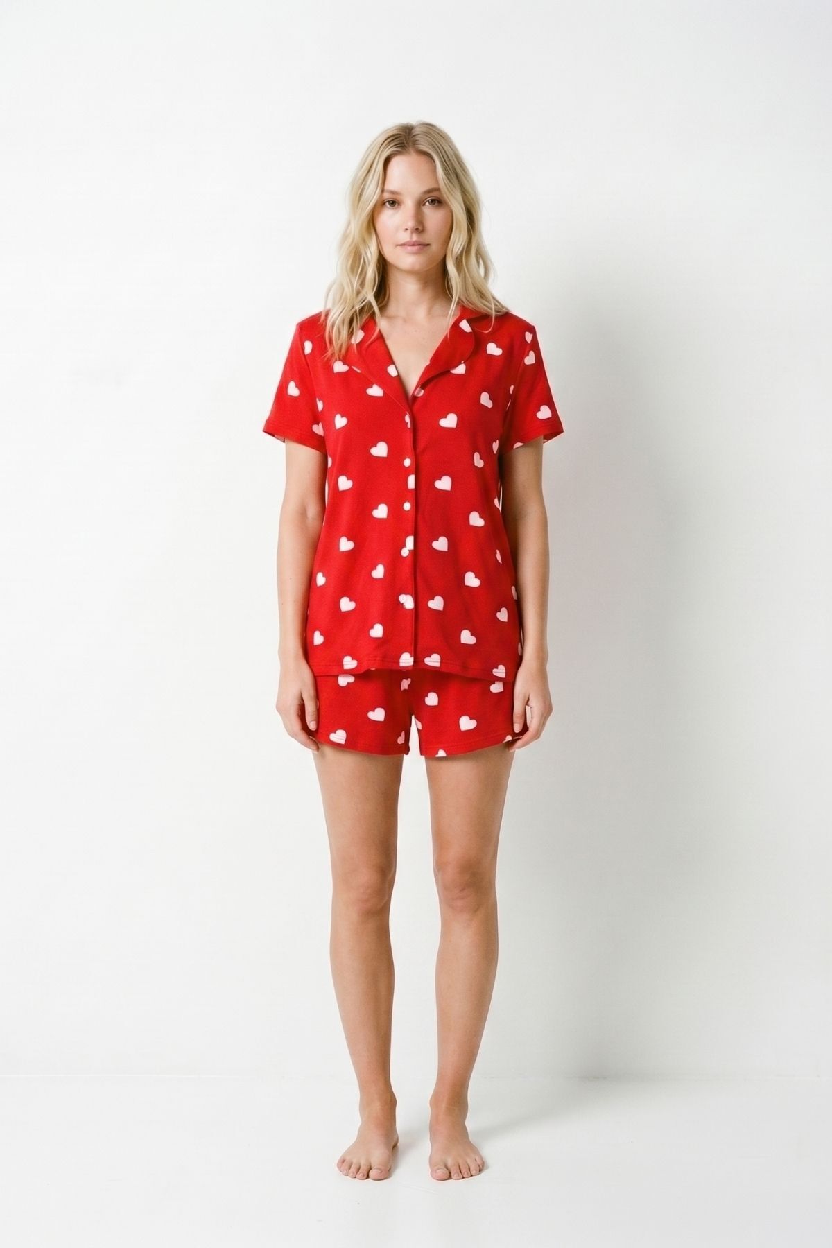Kırmızı Kalp Desen Kısa Kol Şort Takım 5303 - RAYS (1)