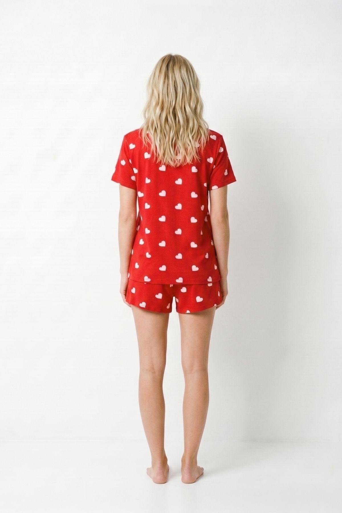 Kırmızı Kalp Desen Kısa Kol Şort Takım 5303 - RAYS